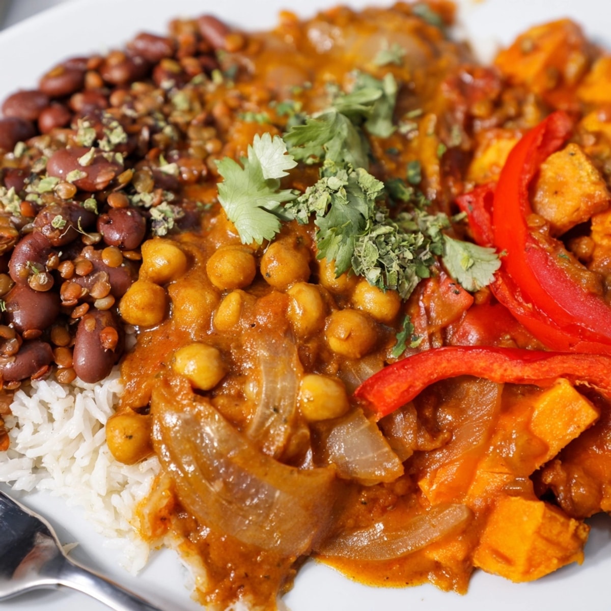 Close-up shot of vibrant Single-Pan Global Curries; steam rising, garnished with fresh herbs.