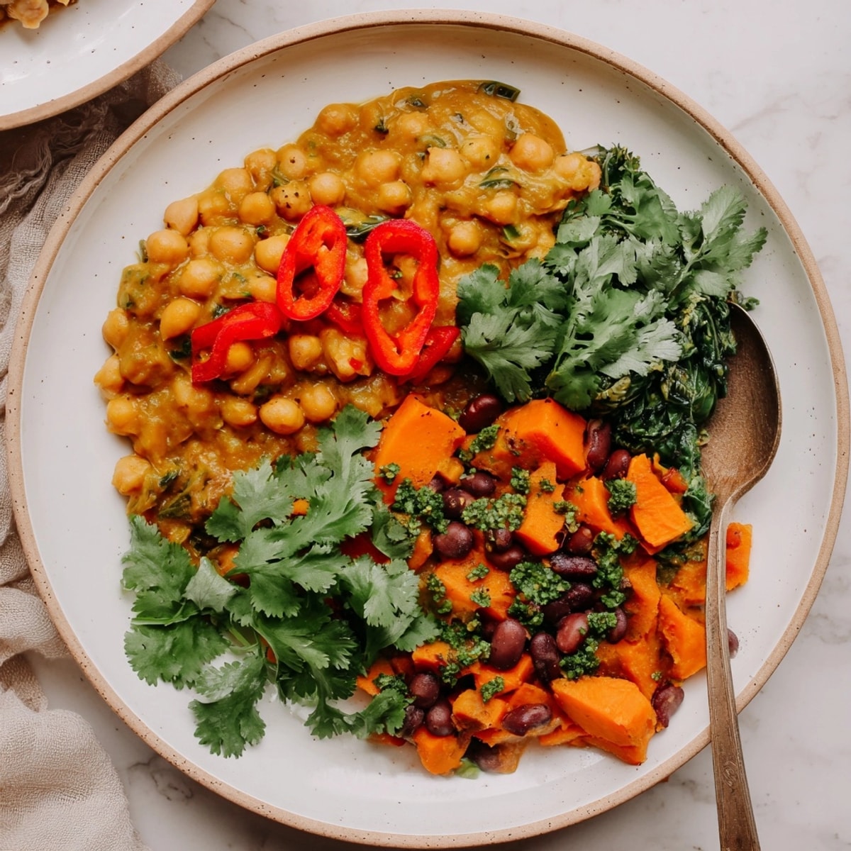 A colorful Single-Pan Global Curries trio ready to eat, served with fluffy rice.