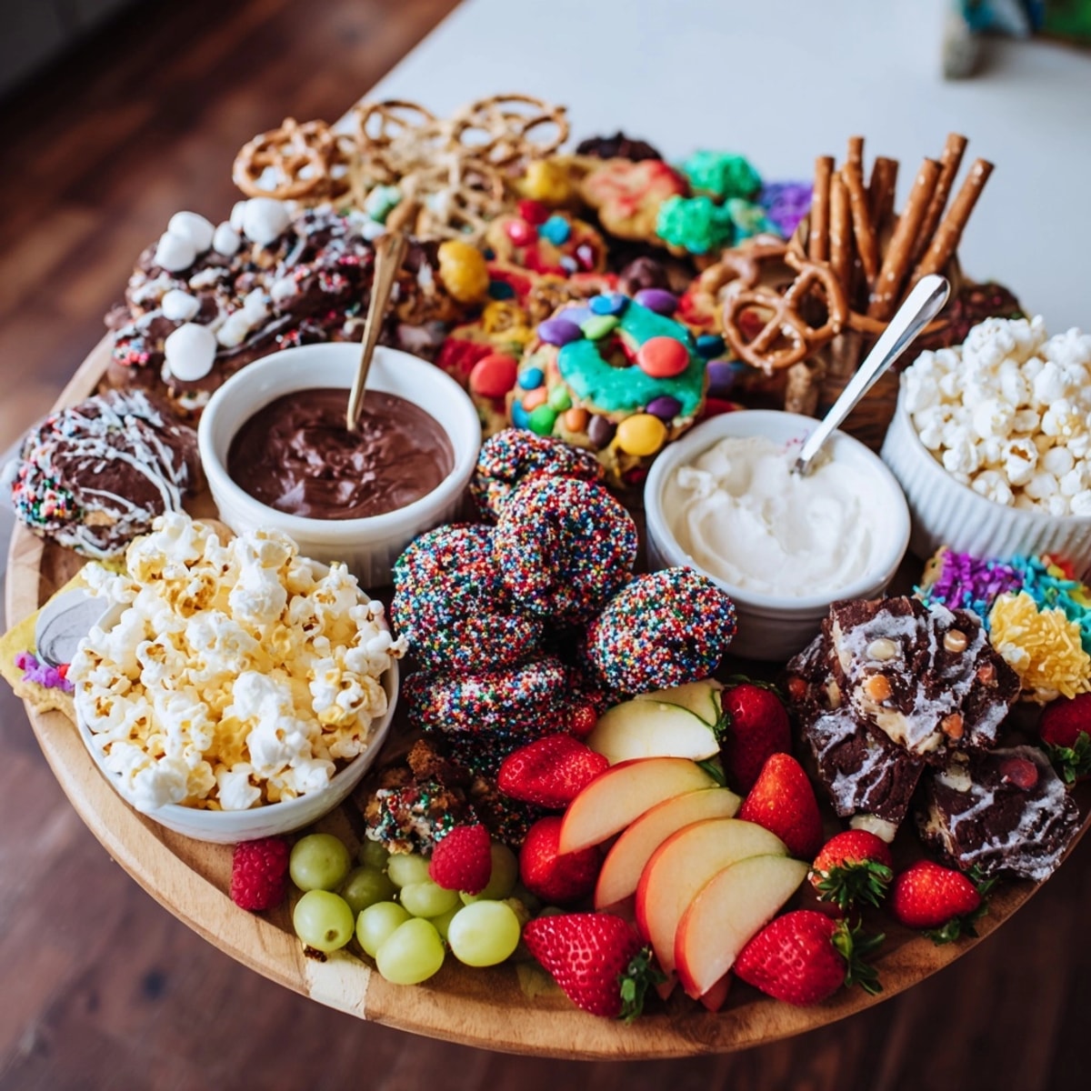 Visually appealing dessert boards with themed snacks, a colorful and sweet party centerpiece.