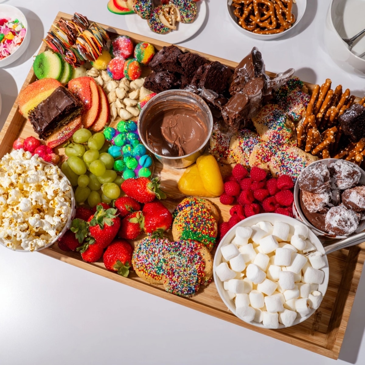 Close-up shot reveals tempting dessert boards with themed snacks, featuring dips and decorative sprinkles.