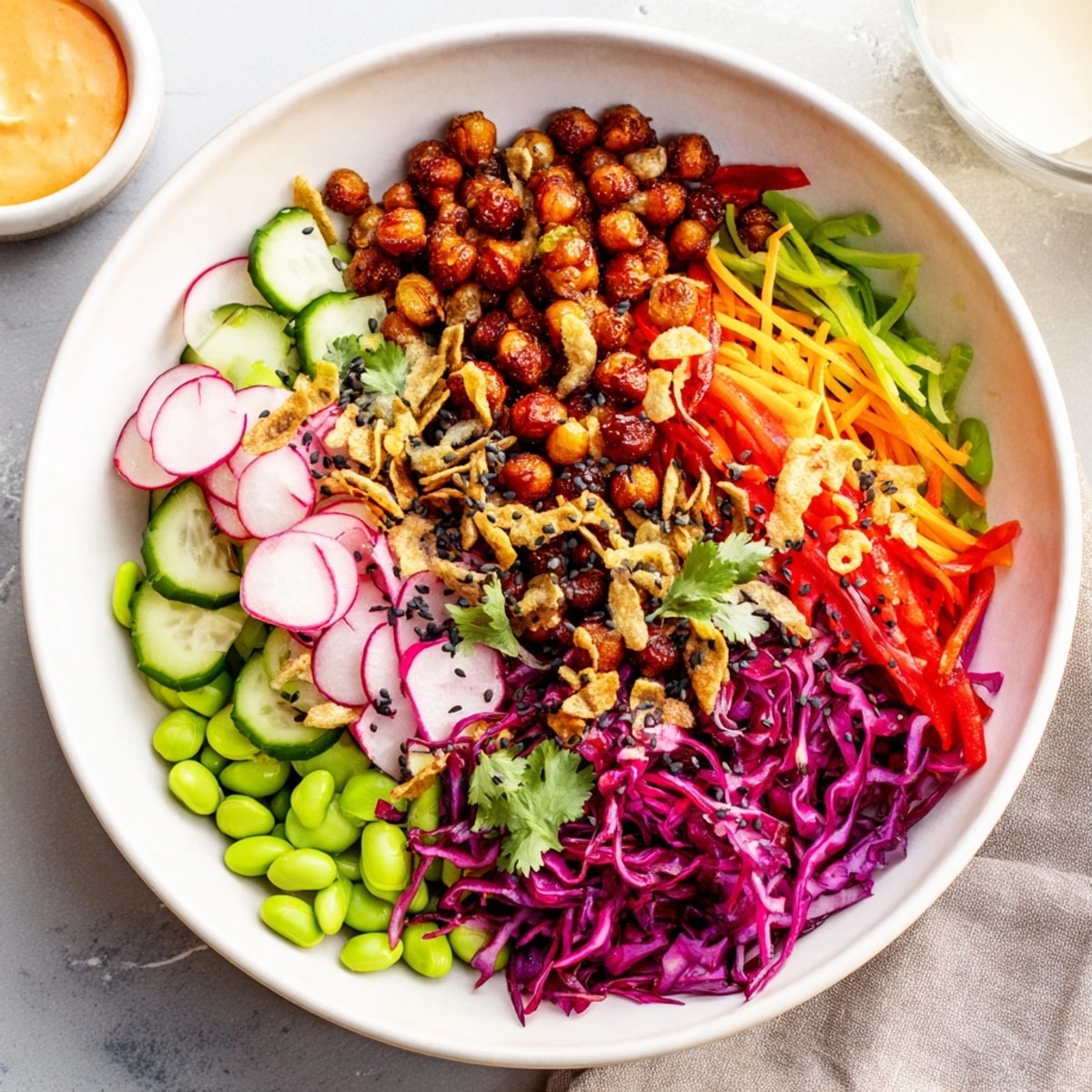 A beautiful, layered ASMR Crunch Snack Bowl bursting with colorful textures and flavors.