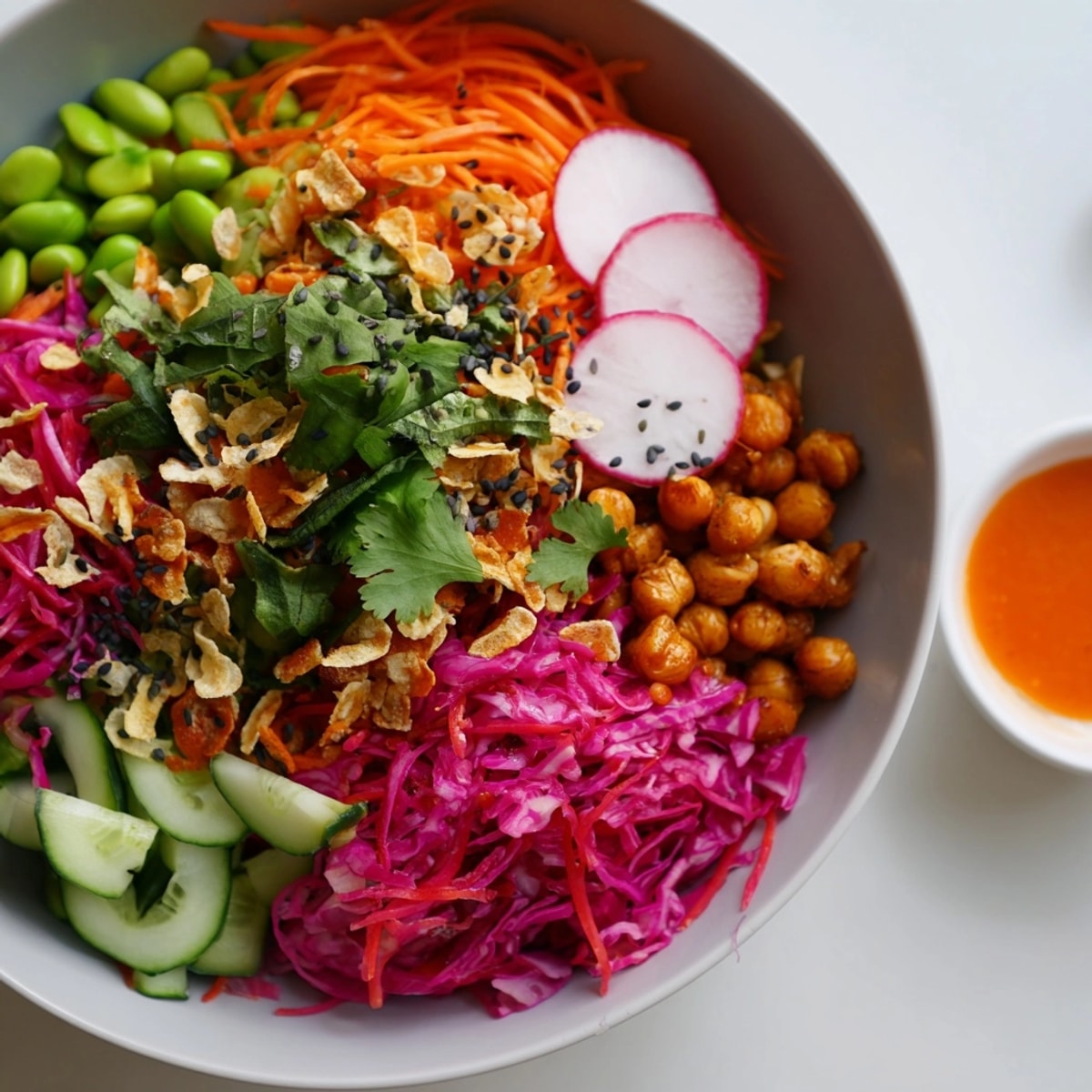 Overhead view of colorful ASMR Crunch Snack Bowls arranged for a fun, textural snack.