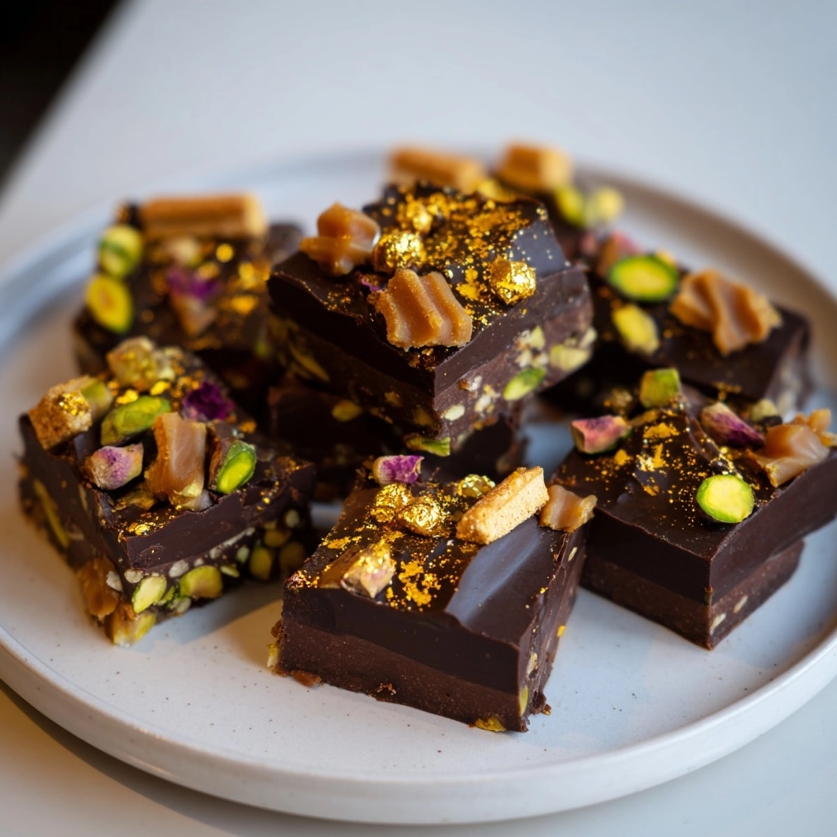 Rich, dark Chocolate Bar Inspired Creations, studded with pistachios and coconut over a glossy chocolate base.