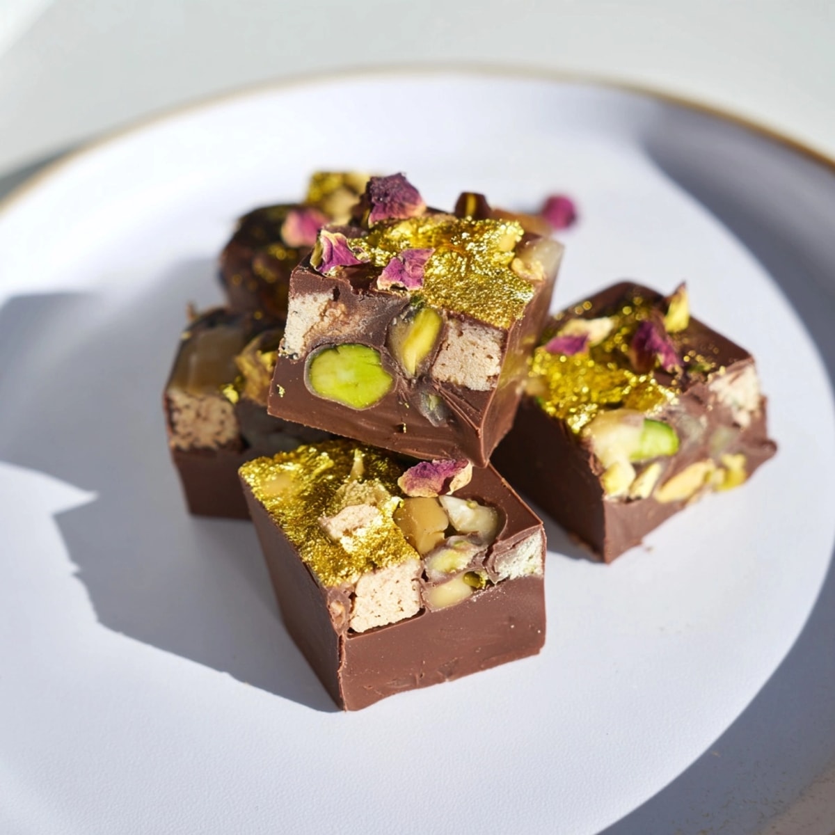 Close-up of homemade Chocolate Bar Inspired Creations: aMiddle Eastern-inspired dessert with spiced date caramel swirls.