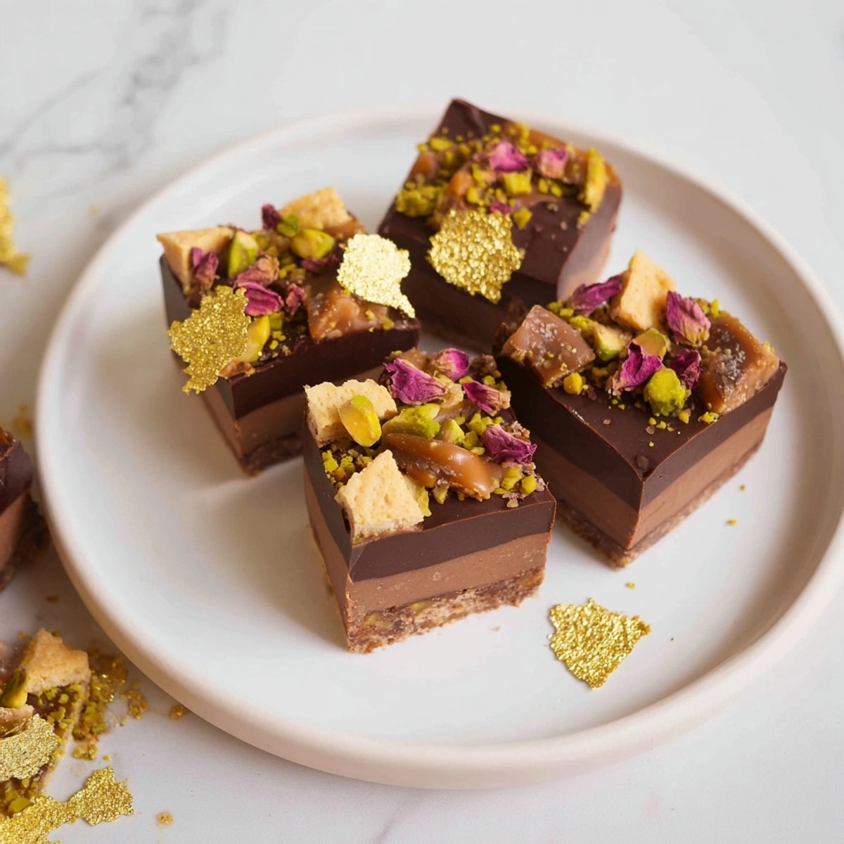 Golden-flecked Chocolate Bar Inspired Creations, cut into squares and ready for Arabic coffee or a mint tea.