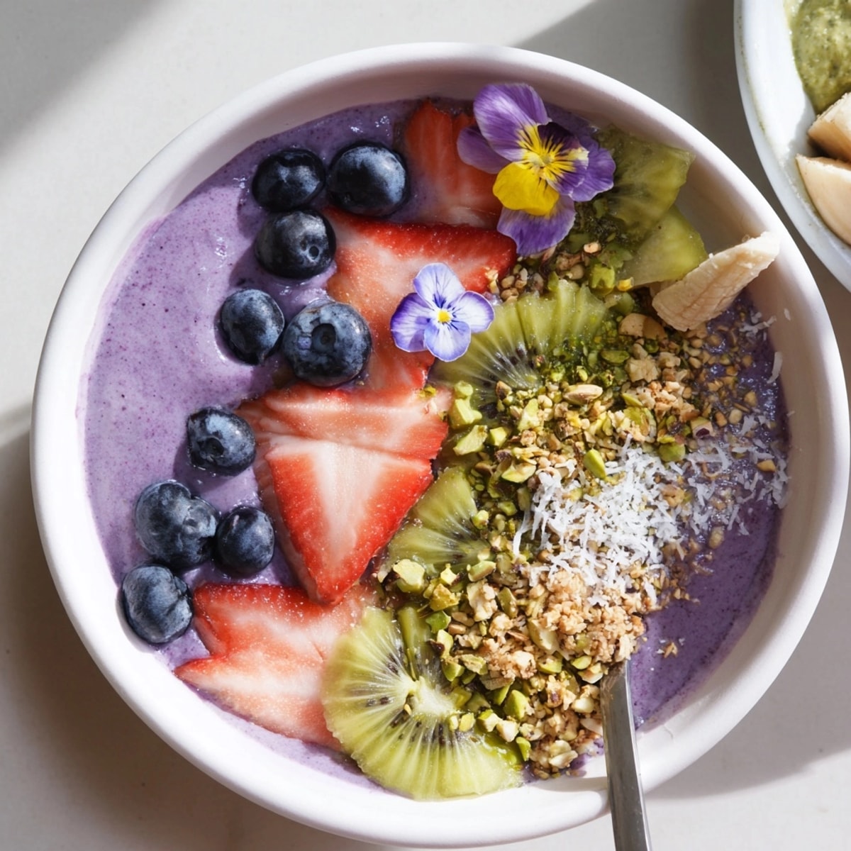 Creamy vibrant smoothie bowl with ube and pistachio swirled together, topped with berries.