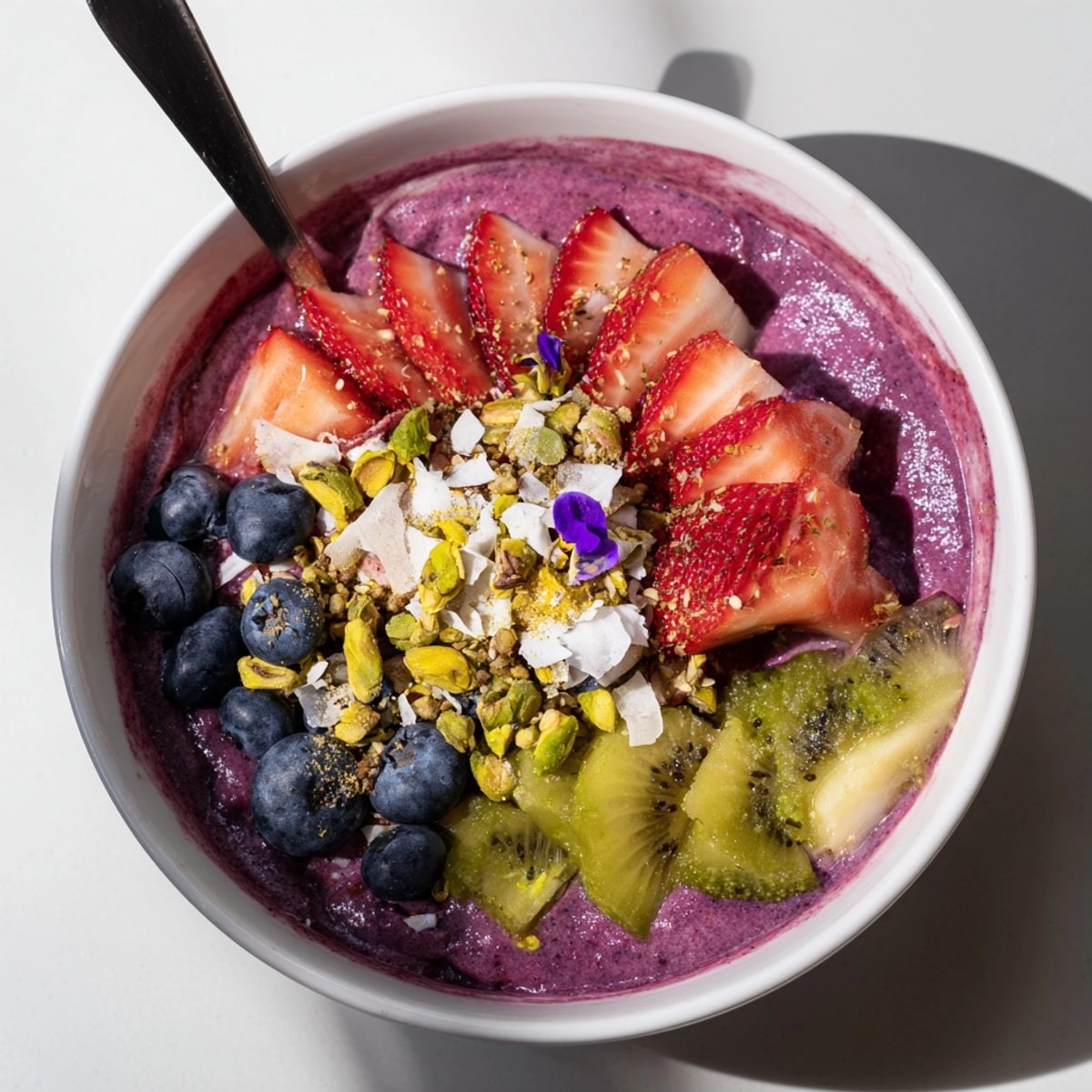 Two vibrant smoothie bowls beautifully arranged, packed with fruit, nuts, and granola toppings.