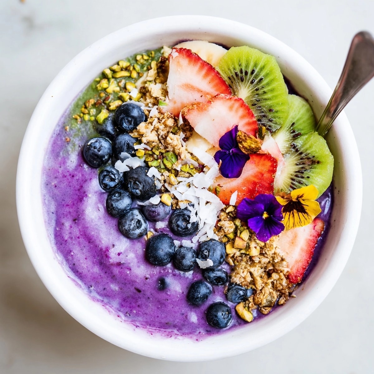 Pistachio and purple yam vibrant smoothie bowls, ready for a healthy, delicious breakfast.