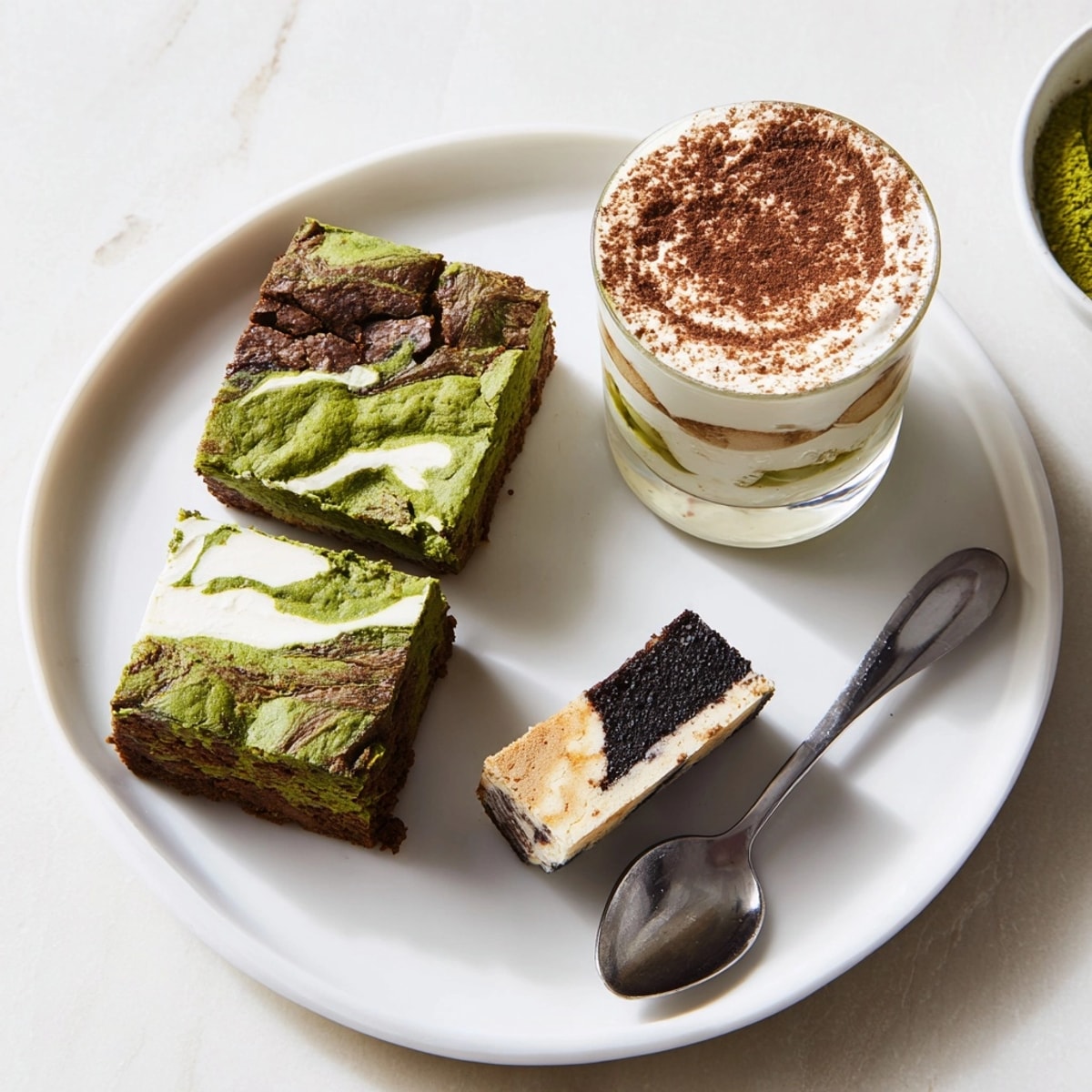 Elevated Global Dessert Mash-Ups: Matcha brownie, chai tiramisu, black sesame cheesecake bars.
