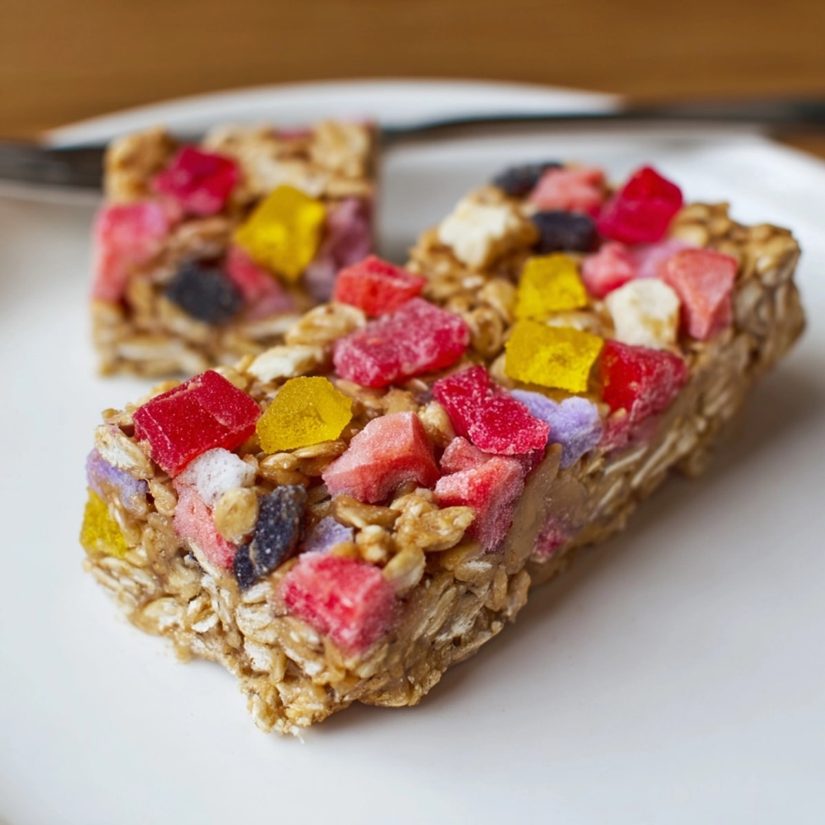 Close-up of layered snack bars with homemade gummies and freeze-dried candy mash-up.