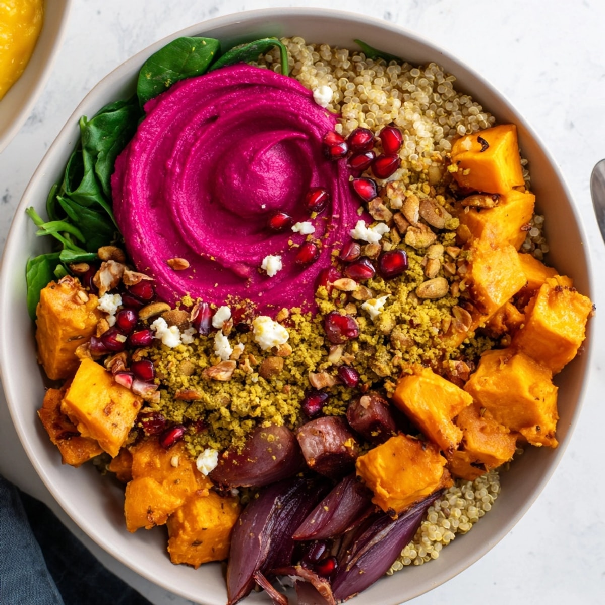 Golden Spiced Winter Bowls recipe, a colorful mix of roasted fall vegetables and toppings.