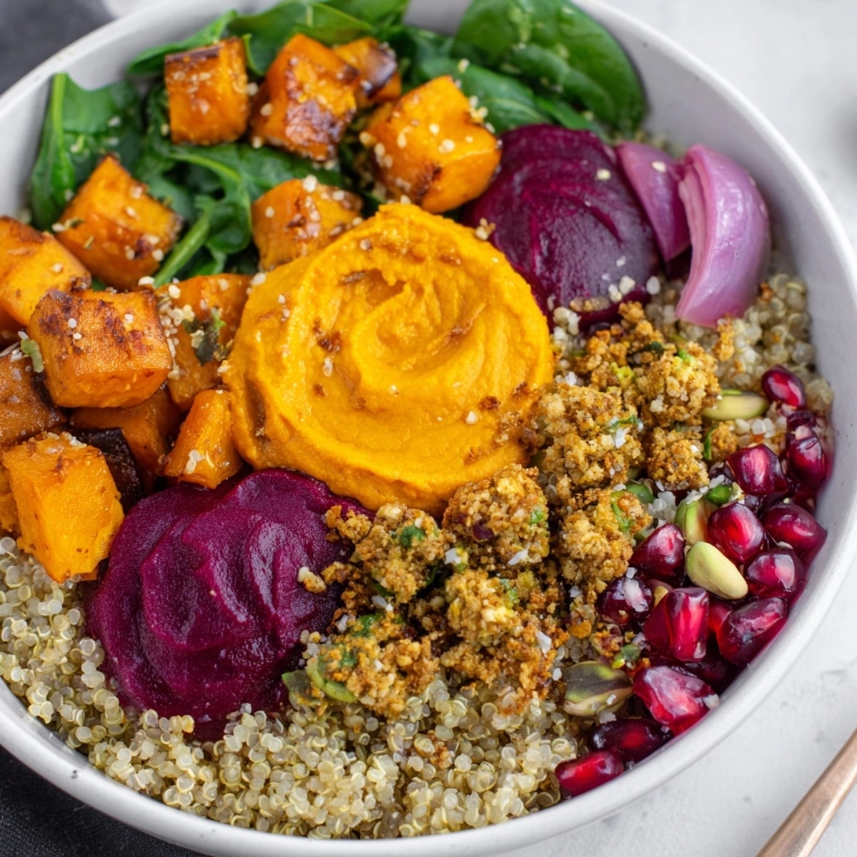 Cozy and warm Spiced Winter Bowls, featuring roasted squash, sweet potatoes, and ube-coconut purée.