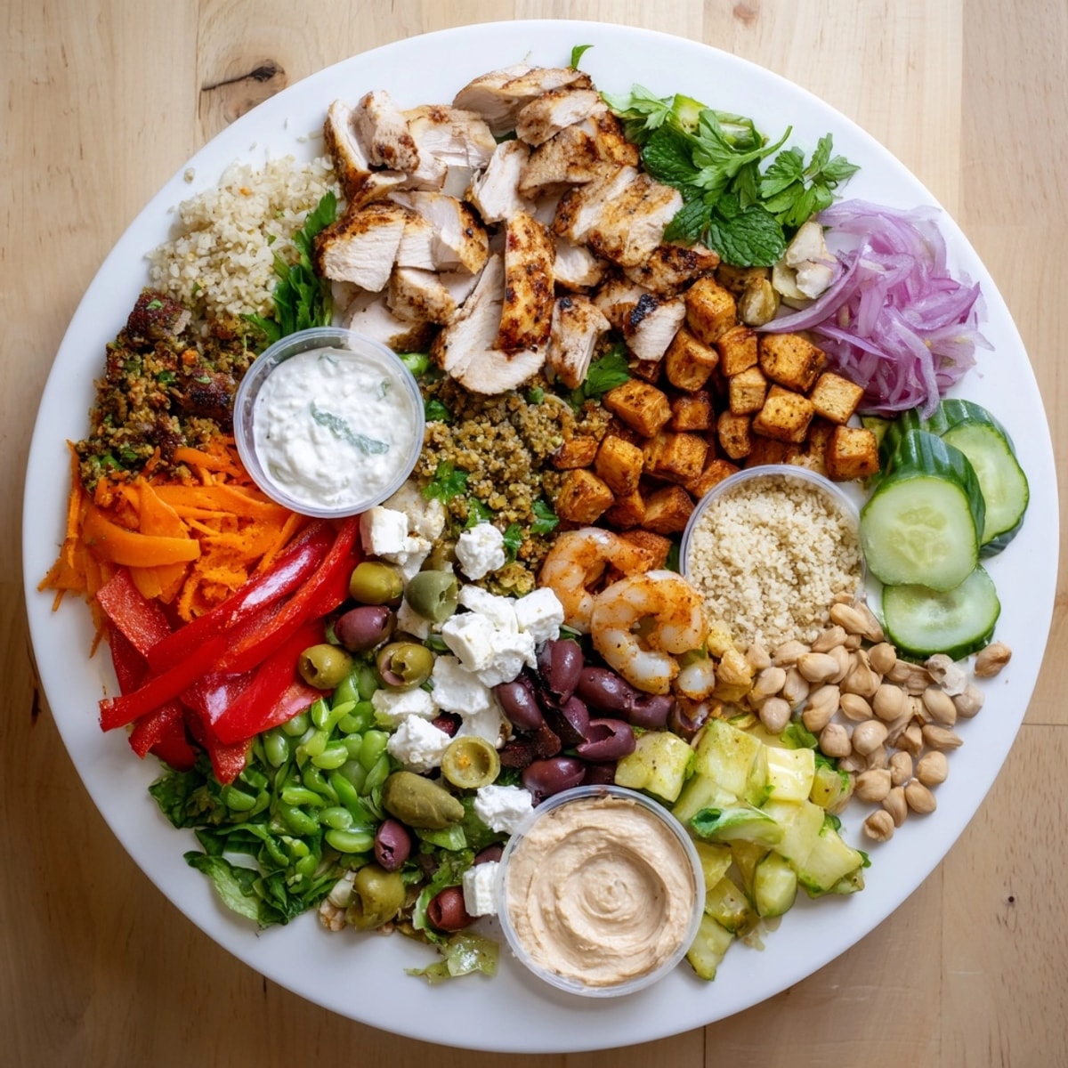 Overhead shot of customized build-your-own boards and bowls, a fresh and inviting interactive plated meal.