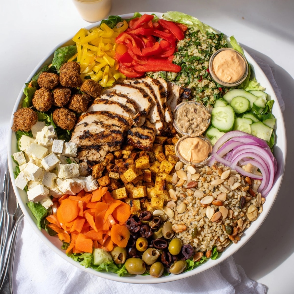 A buffet of ingredients invites guests to create interactive plated meals for simple entertaining.