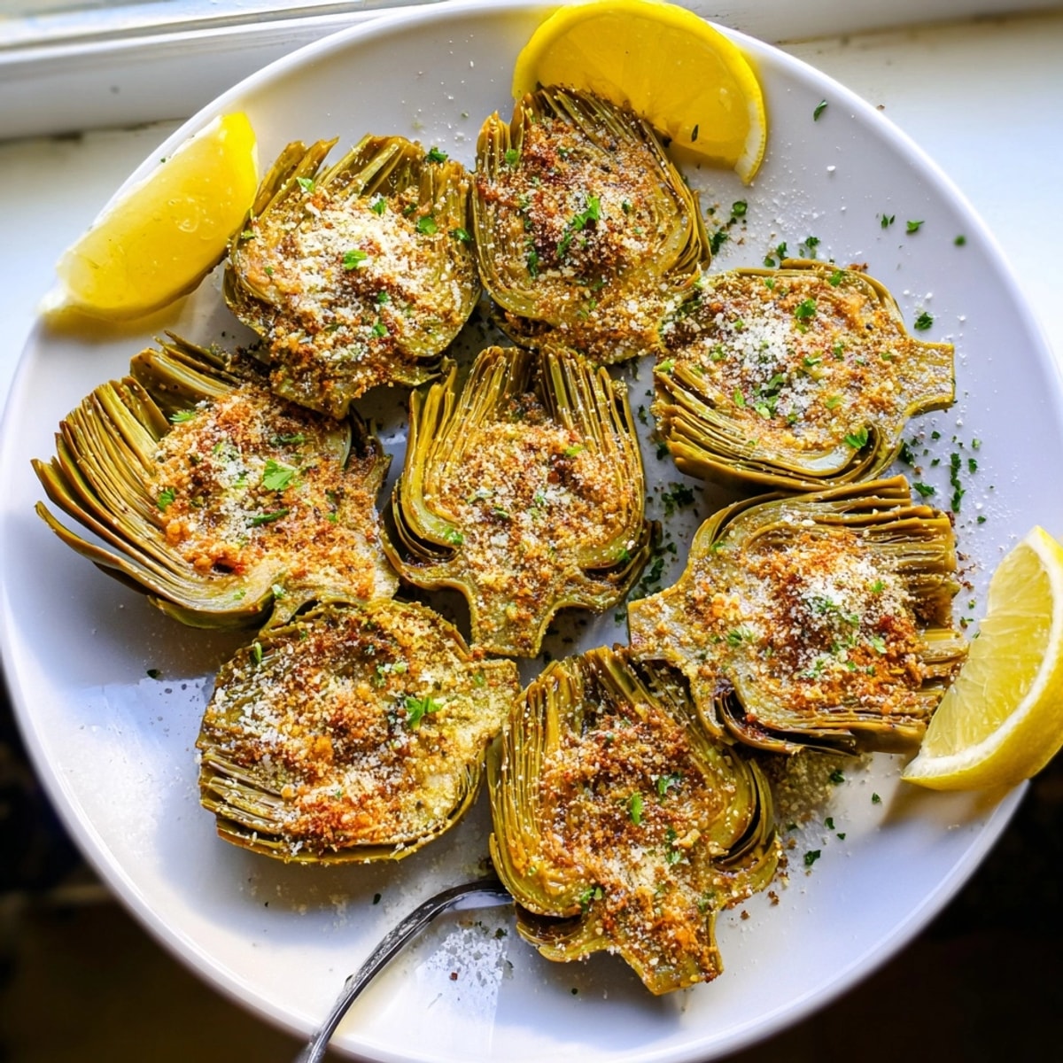 Golden Air Fryer Artichokes, perfectly seasoned and served with lemon wedges for dipping.