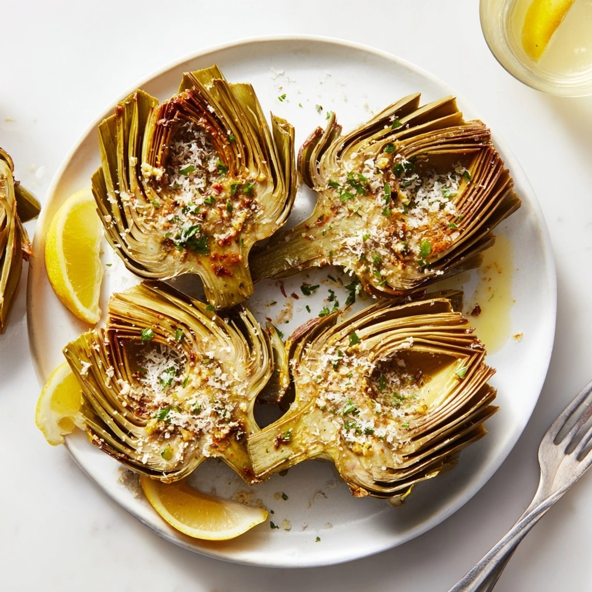 Close-up of crispy Air Fryer Artichokes showing golden-brown edges and fresh parsley garnish.