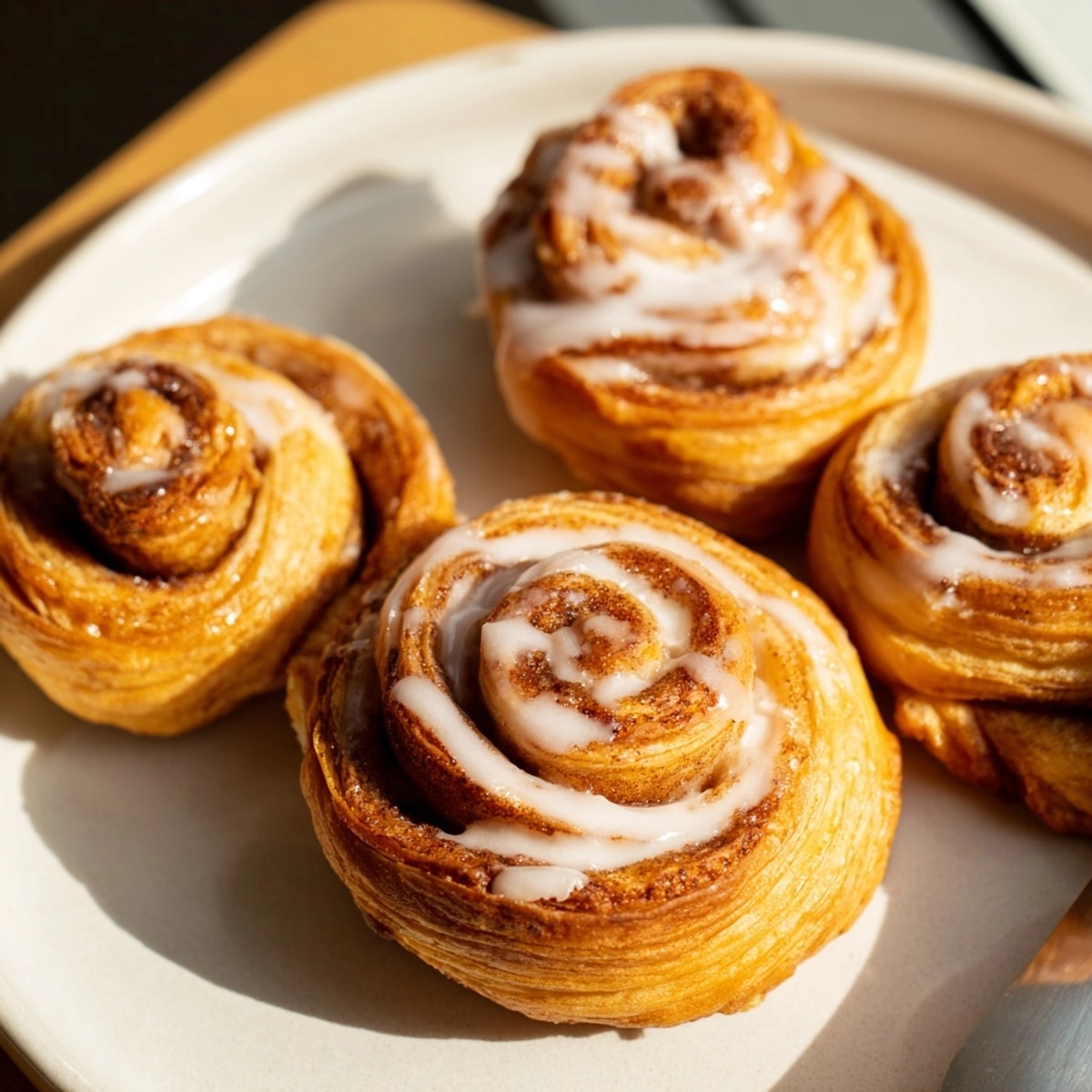 Golden brown Puff Pastry Cinnamon Swirls, fresh from the oven, drizzled with glaze.