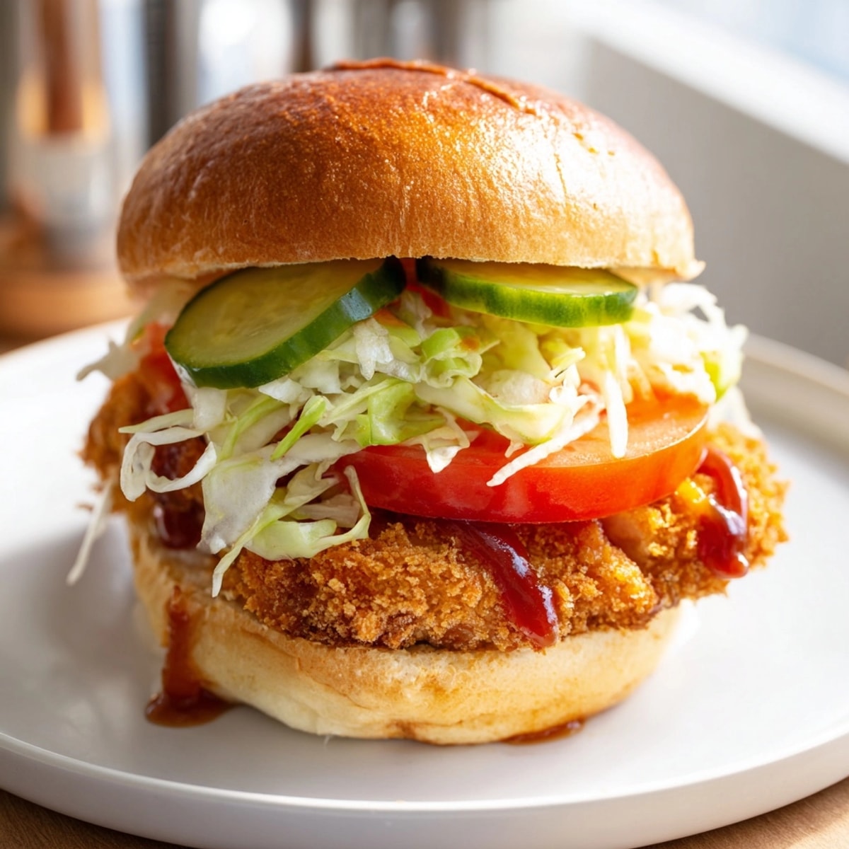 Homemade Chicken Katsu Sandwich, a delicious Japanese fusion lunch; admire its flaky texture.