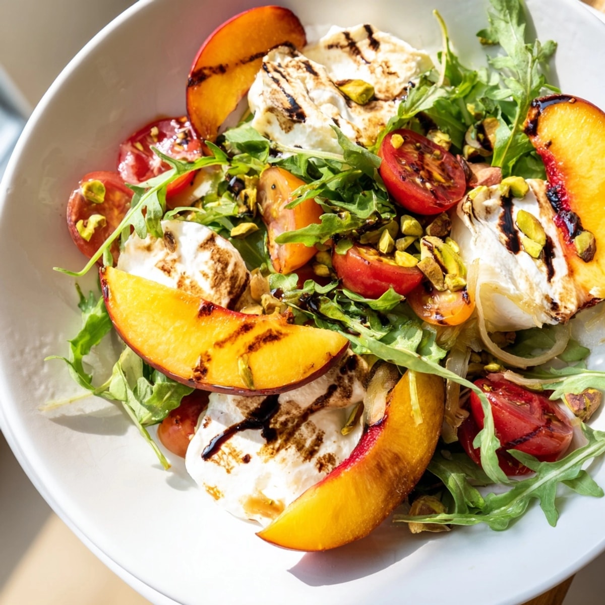 Grilled Peach Burrata Salad: glistening peaches and creamy burrata, drizzled with balsamic on greens.