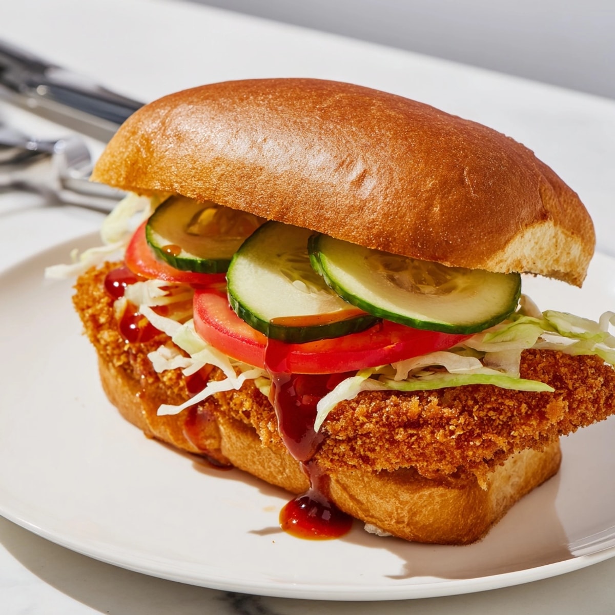 Tangy and crunchy Chicken Katsu Sandwich recipe, served on a toasted bun with fresh slaw.