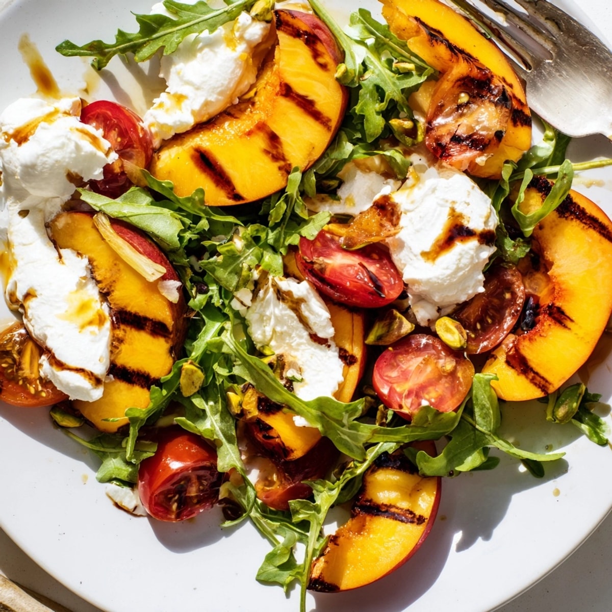A bright Grilled Peach Burrata Salad, showcasing juicy peaches, fresh greens, and pistachio crunch.