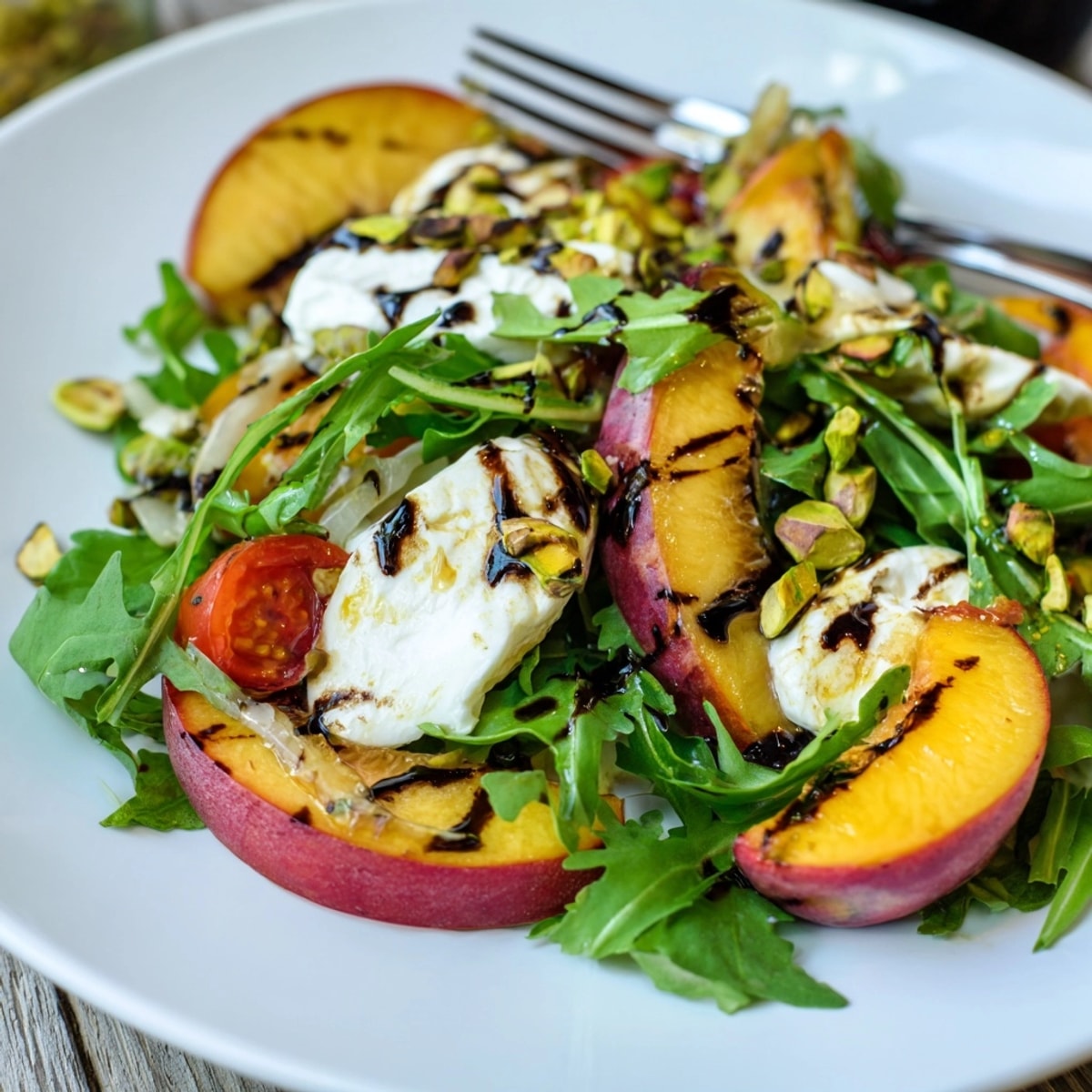 Sweet and savory Grilled Peach Burrata Salad recipe served with balsamic; ready in minutes.