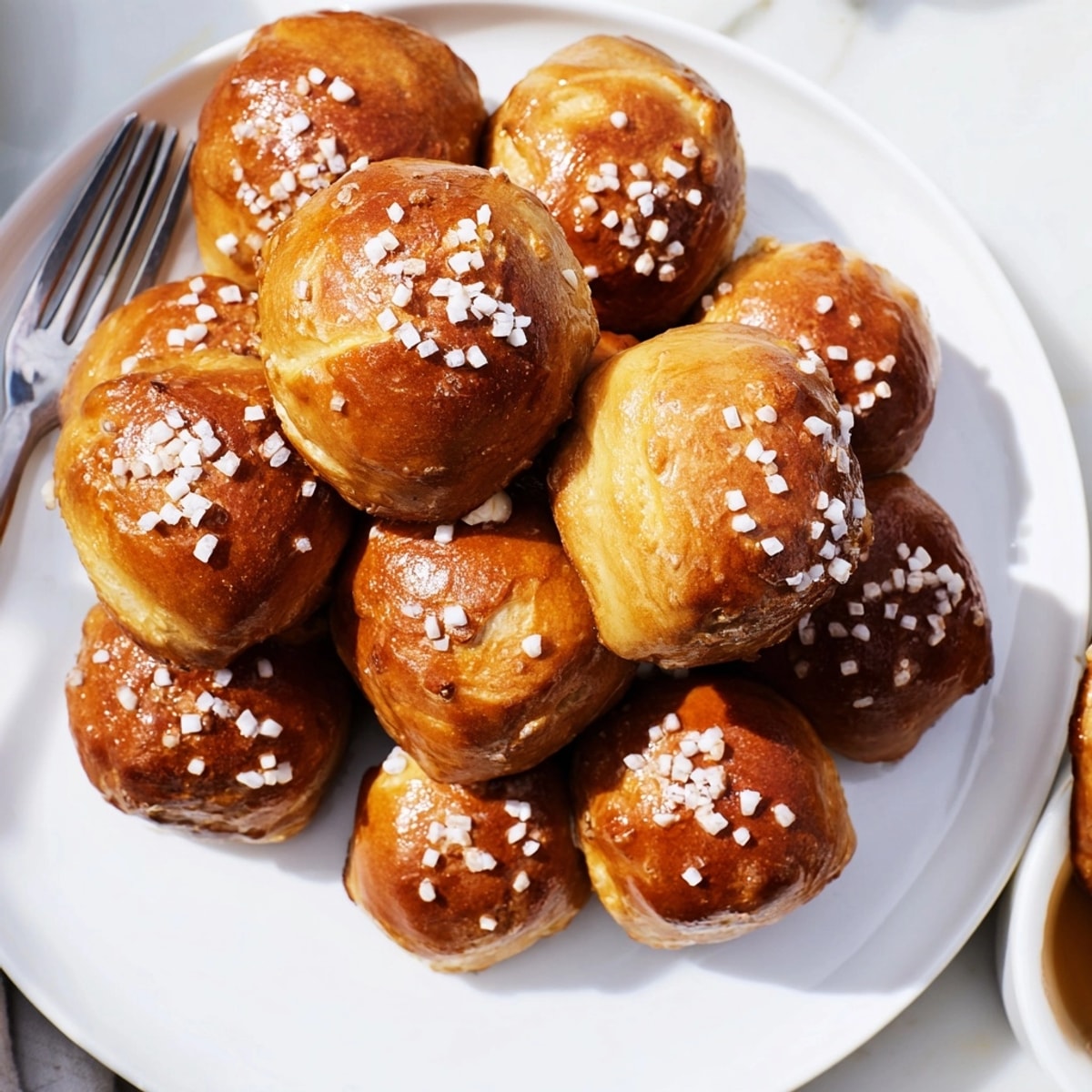 Golden Soft Pretzel Bites fresh from the oven, sprinkled with coarse sea salt.