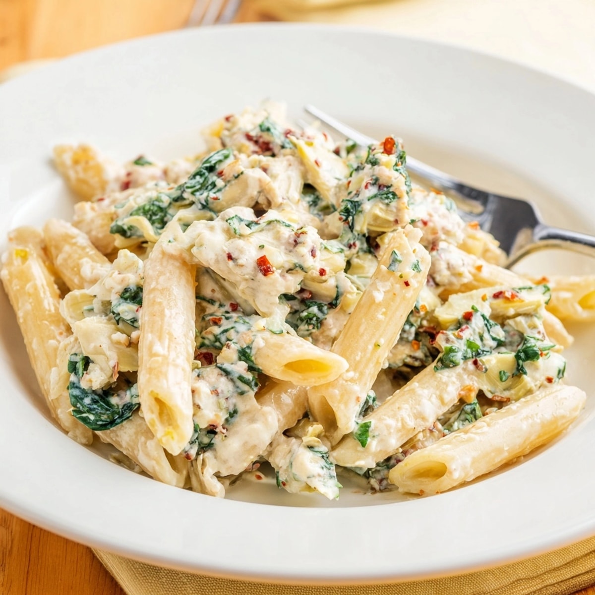 Overhead shot of creamy Spinach Artichoke Dip Pasta ready to be served.
