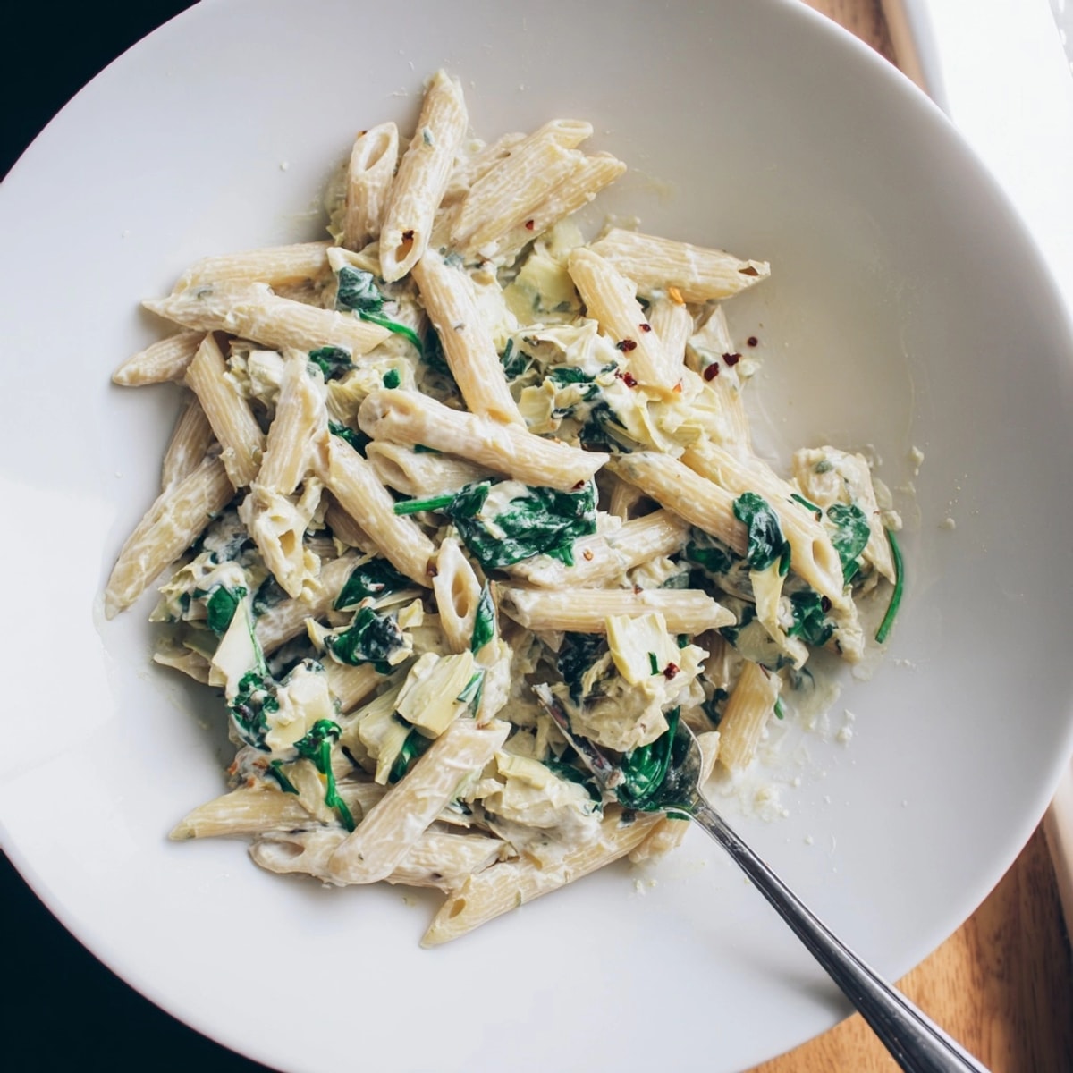Close-up of Spinach Artichoke Dip Pasta, showcasing the cheesy sauce and vibrant spinach.