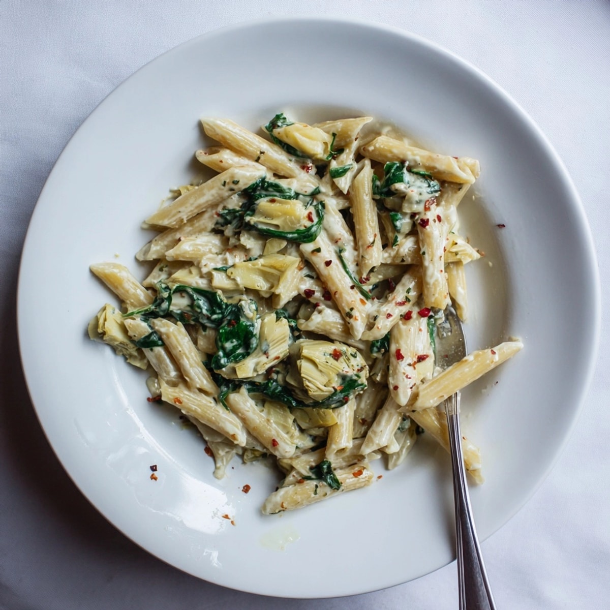 A bowl of delicious Spinach Artichoke Dip Pasta, steaming, sprinkled with Parmesan.