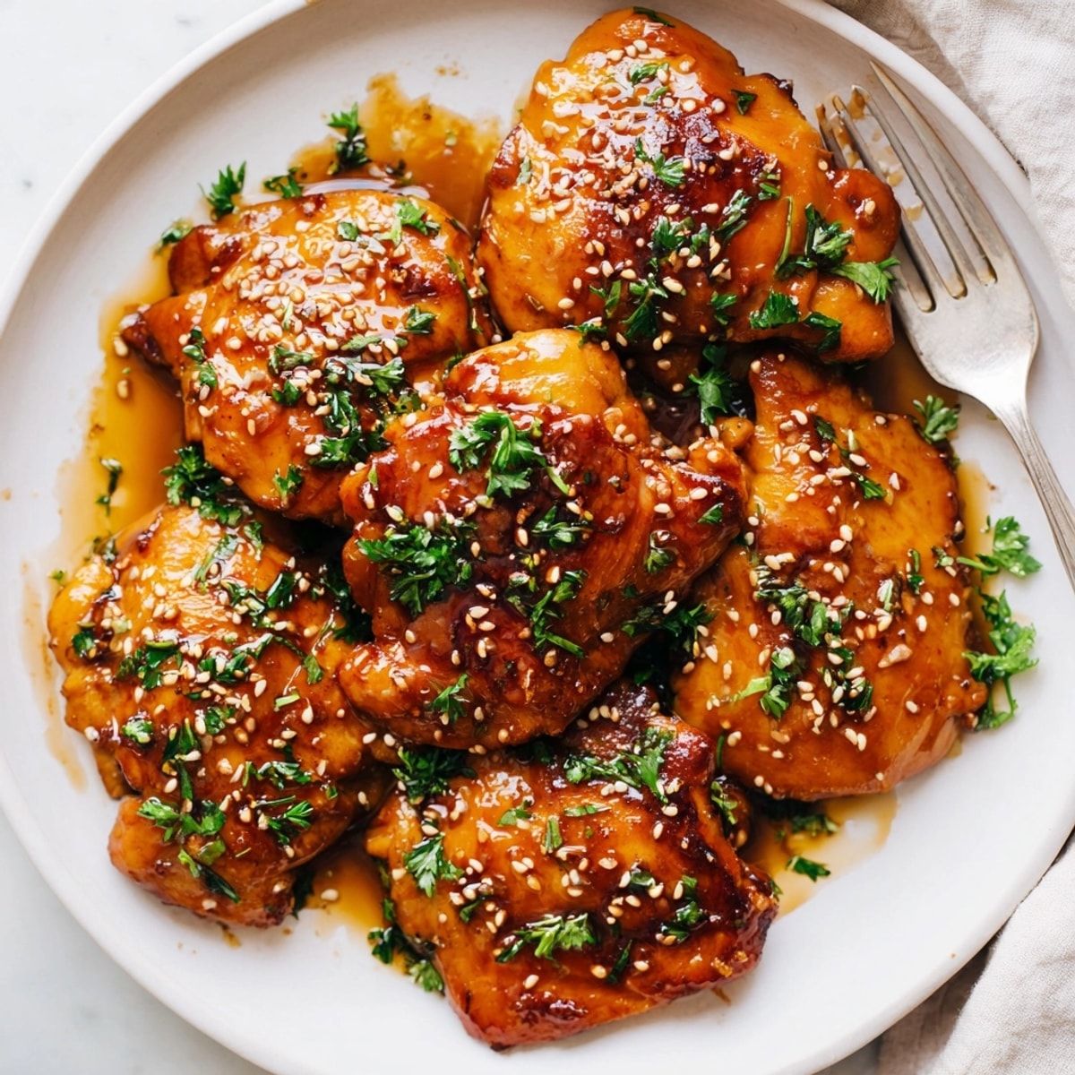 Close-up of saucy Honey Garlic Chicken thighs, garnished with parsley and sesame seeds.