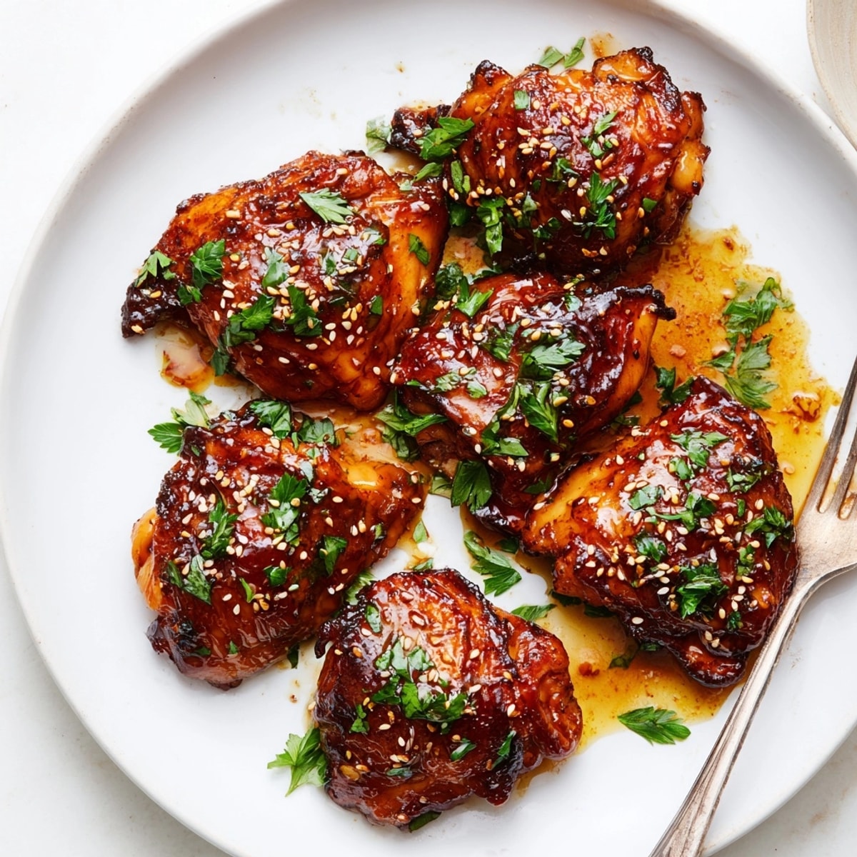 Savory and sweet Honey Garlic Chicken recipe, plated over rice with vibrant green garnish.