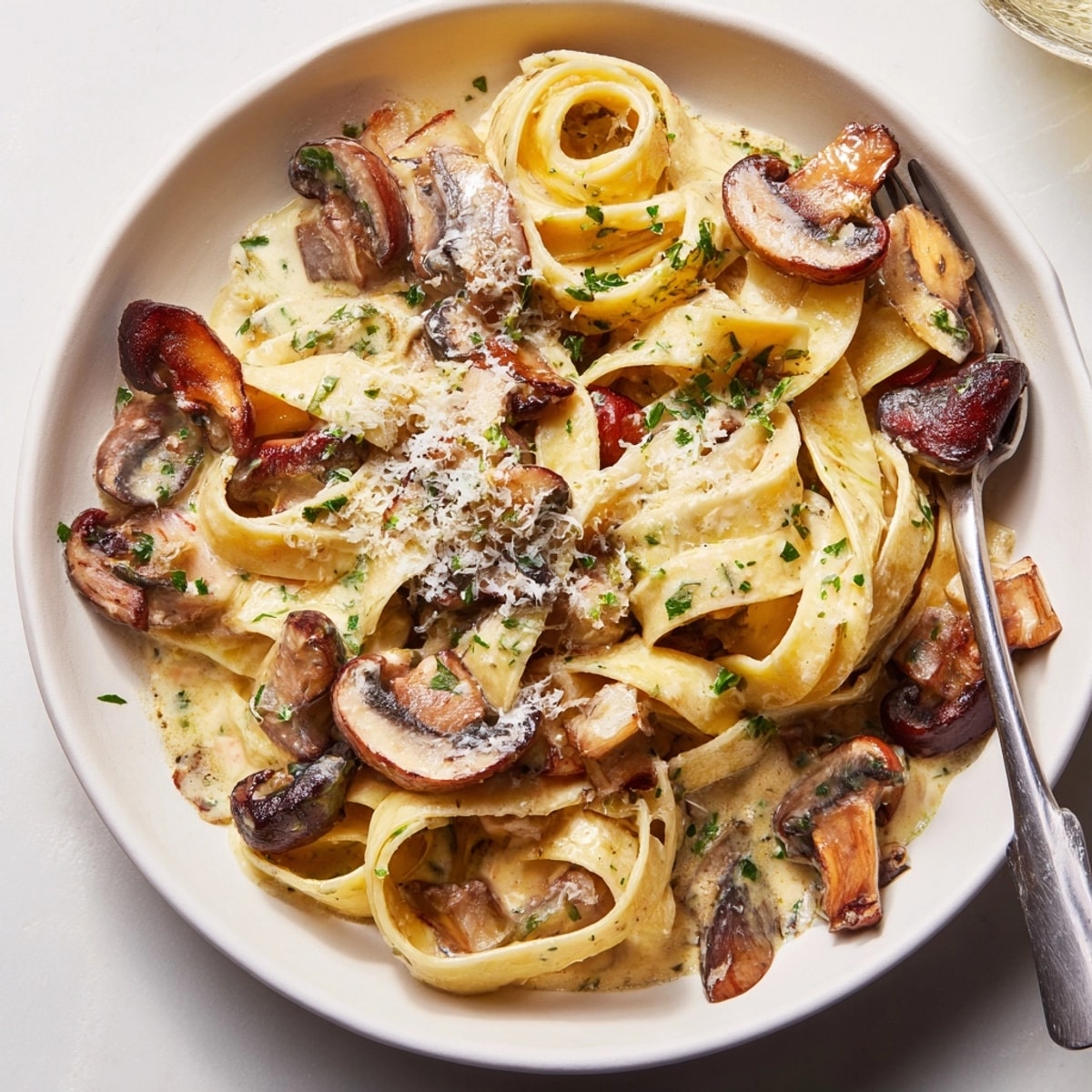 Creamy Mushroom Pasta: Twirled fettuccine coated in a velvety, rich, garlic-infused sauce, garnished with parsley.