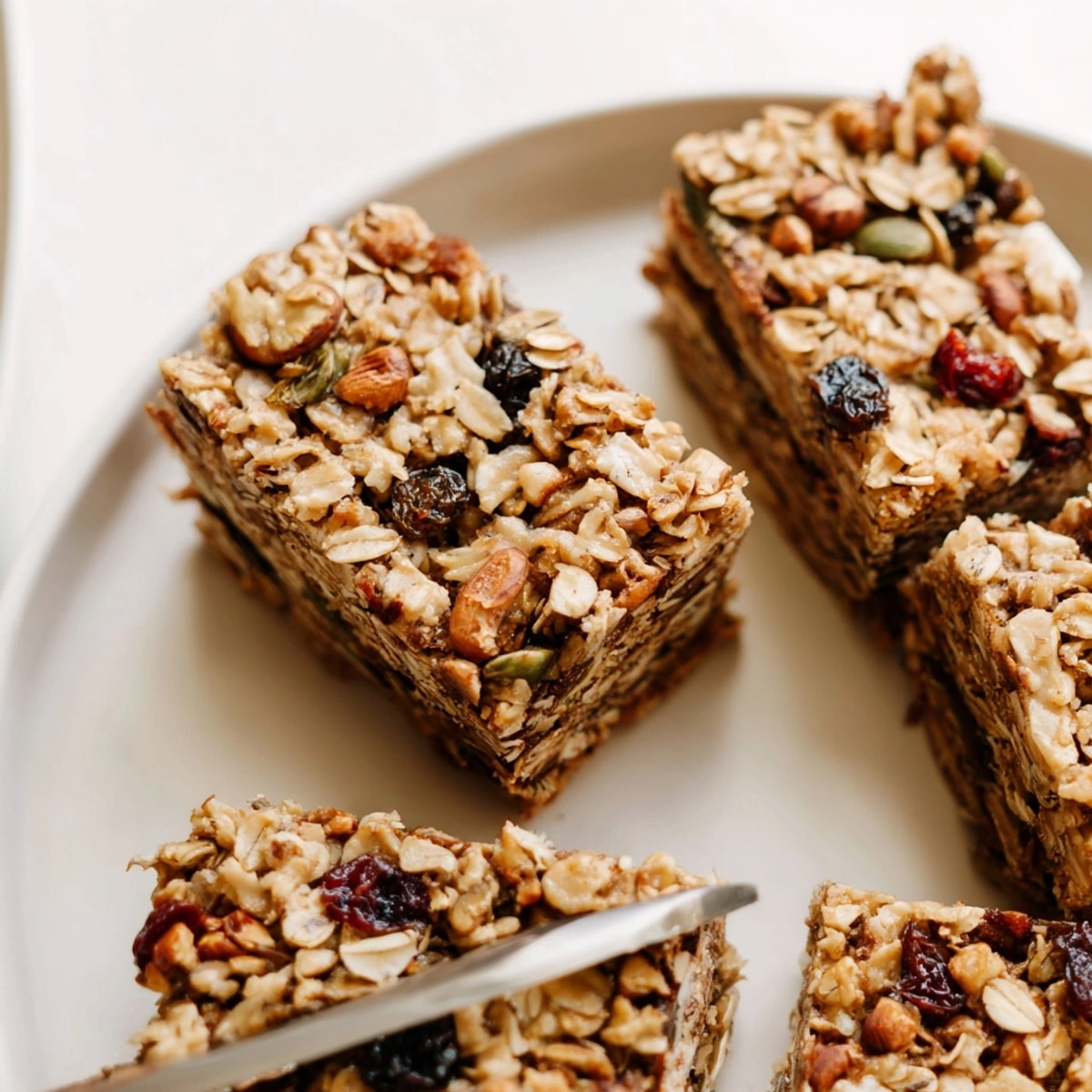 Texture of chewy homemade Baked Oatmeal Bars, cut into squares with dried fruit.