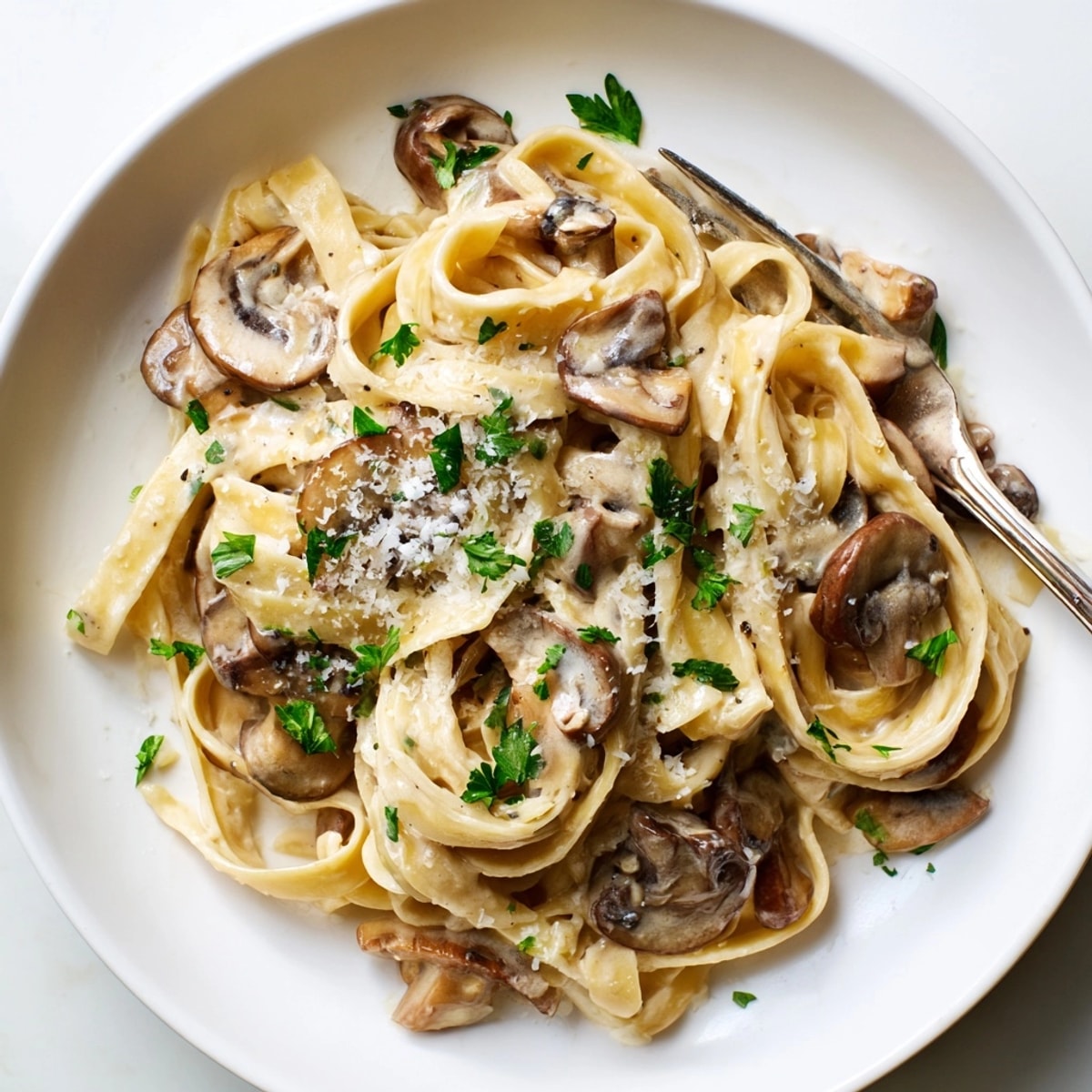 Close-up of glistening Creamy Mushroom Pasta, showcasing sauteed mushrooms and creamy sauce—a hearty vegetarian meal.