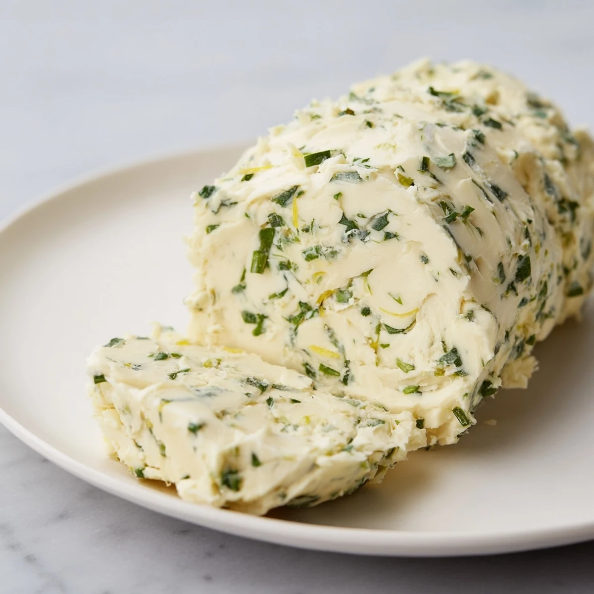 A close-up shot of homemade garlic herb butter, ready to spread on warm bread.
