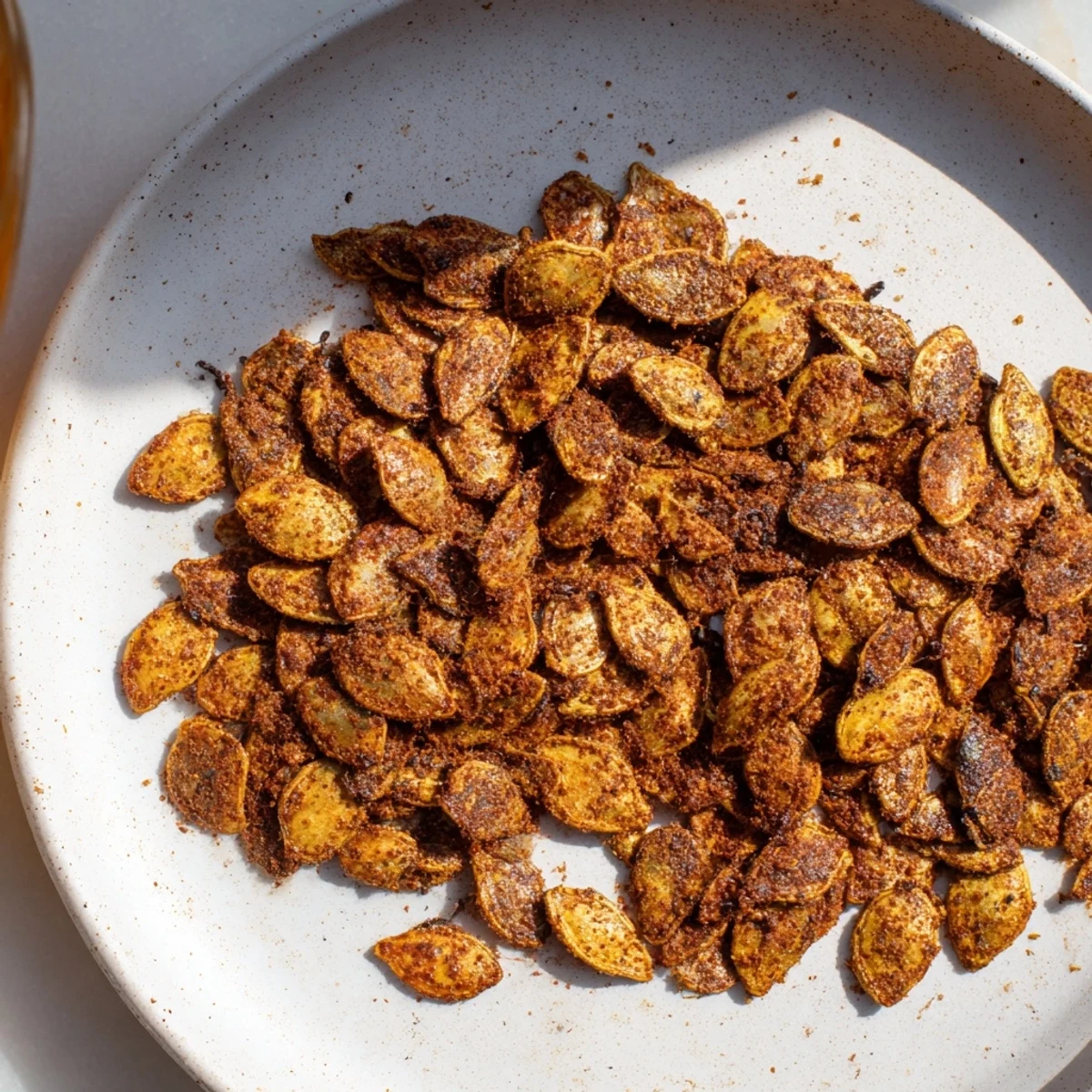 Golden-brown spiced pumpkin seeds, fresh from the oven, offering a delightful autumn crunch.