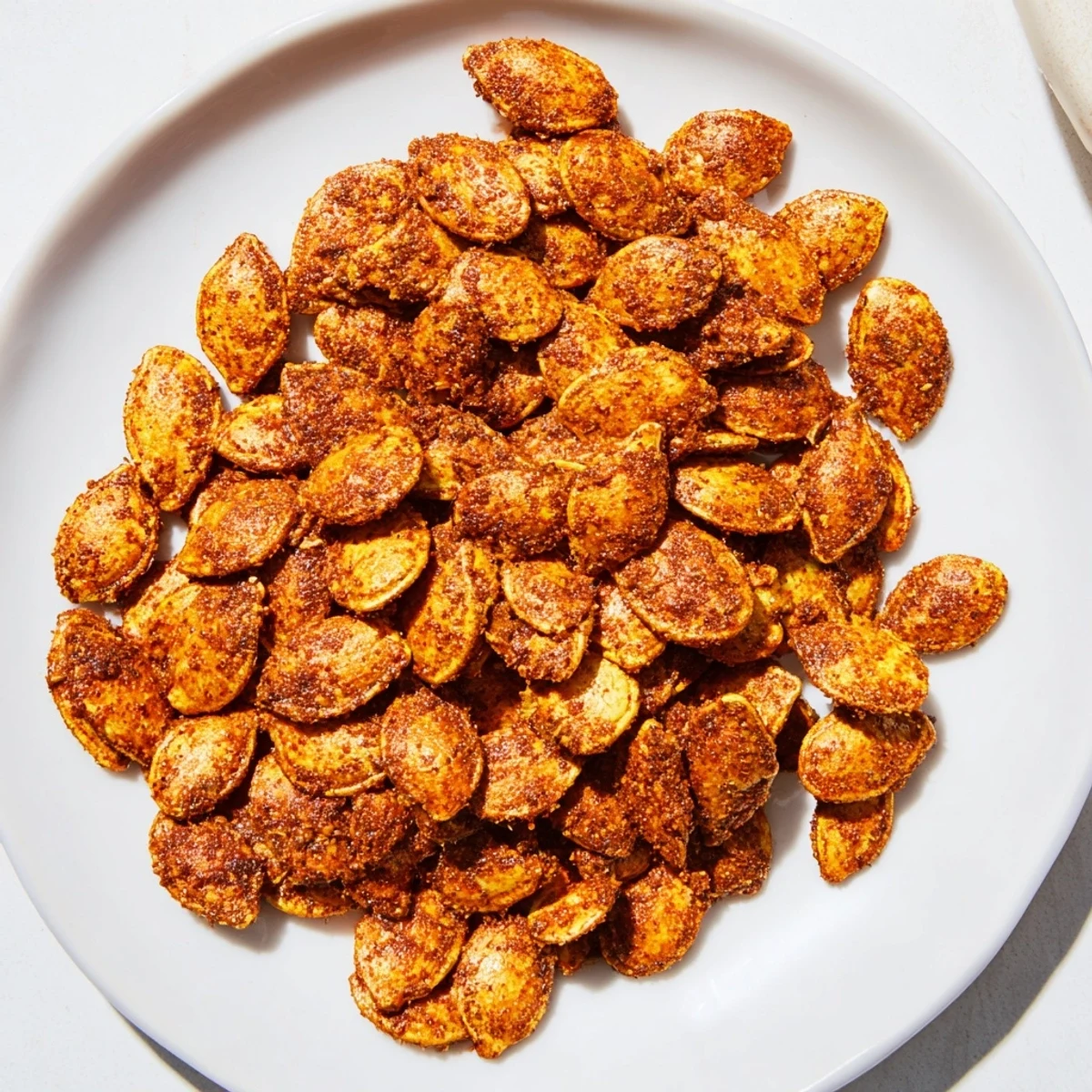 Enjoy a bowl of crispy, flavorful spiced pumpkin seeds, perfect for a cozy afternoon snack.