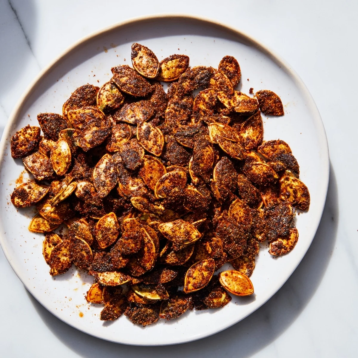 Close-up of perfectly roasted spiced pumpkin seeds, seasoned with warm spices, ready to devour.