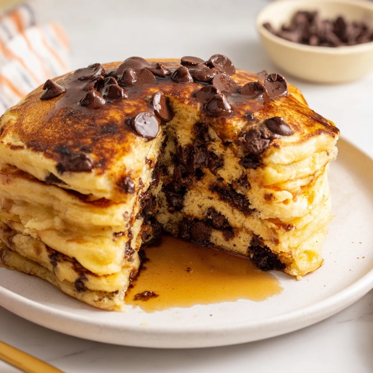 Irresistible Chocolate Chip Pancakes, photographed with a generous scattering of extra chocolate chips and syrup.