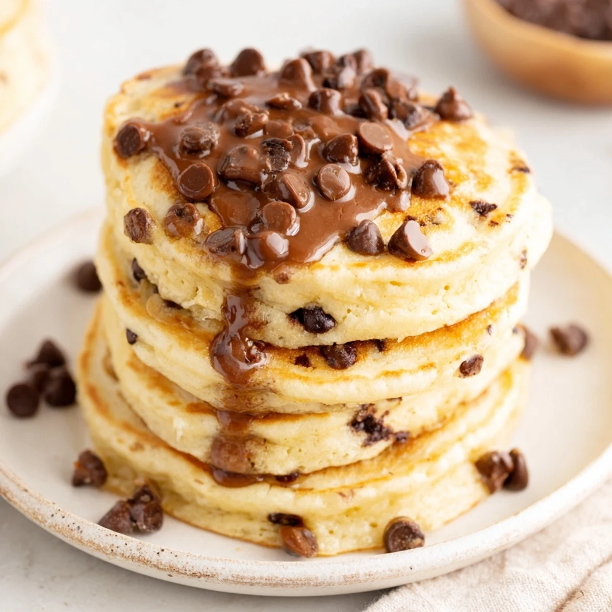 Golden, fluffy stack of Chocolate Chip Pancakes, speckled with rich, melty chocolate goodness.