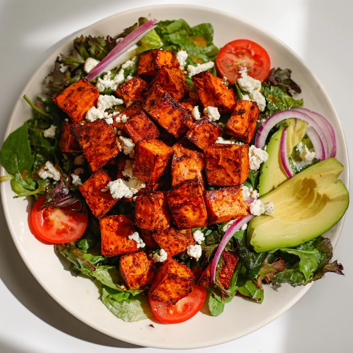 Golden roasted sweet potato salad with creamy feta and vibrant greens, a delicious vegetarian meal.