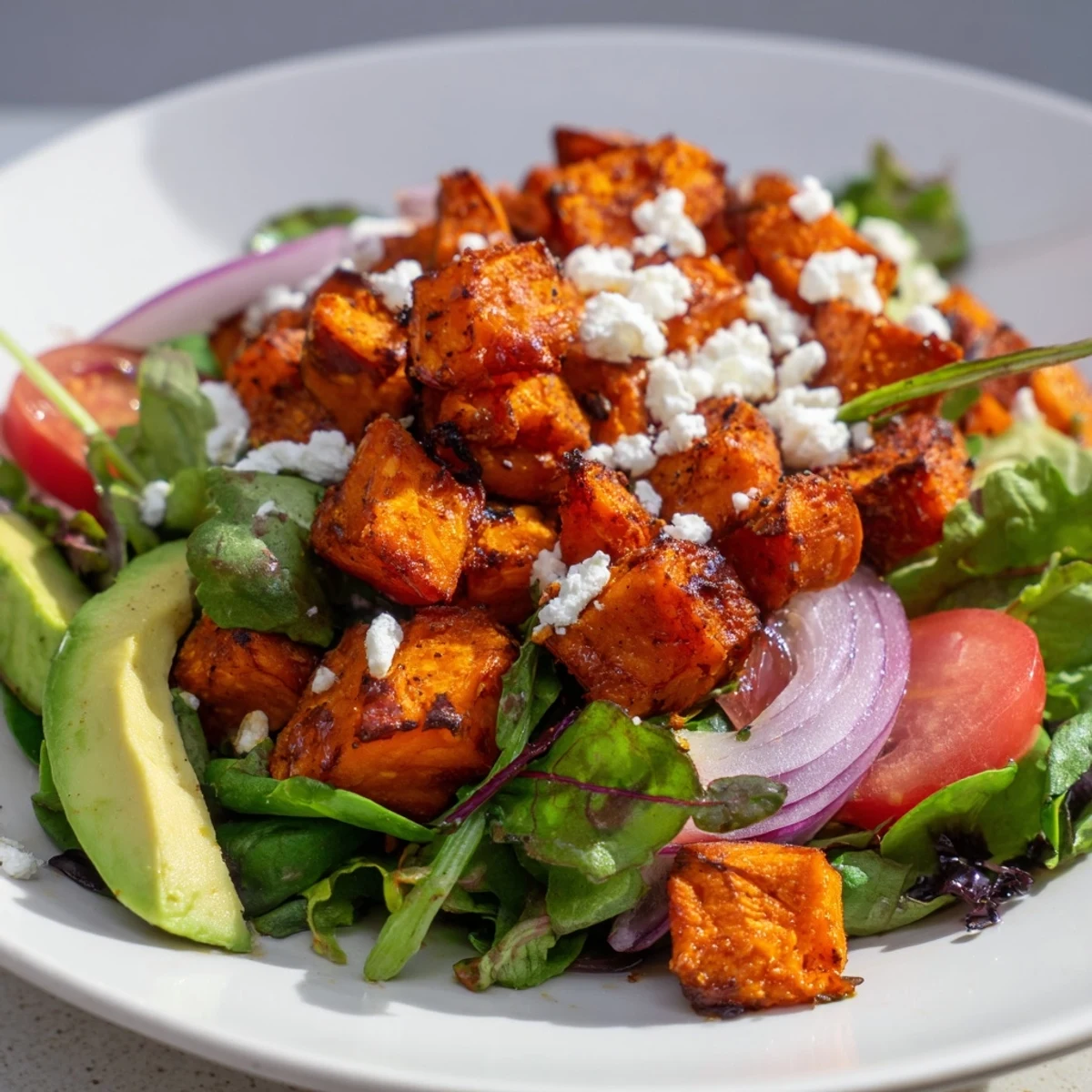 A close-up of a colorful roasted sweet potato salad, perfect for a light lunch or dinner side.