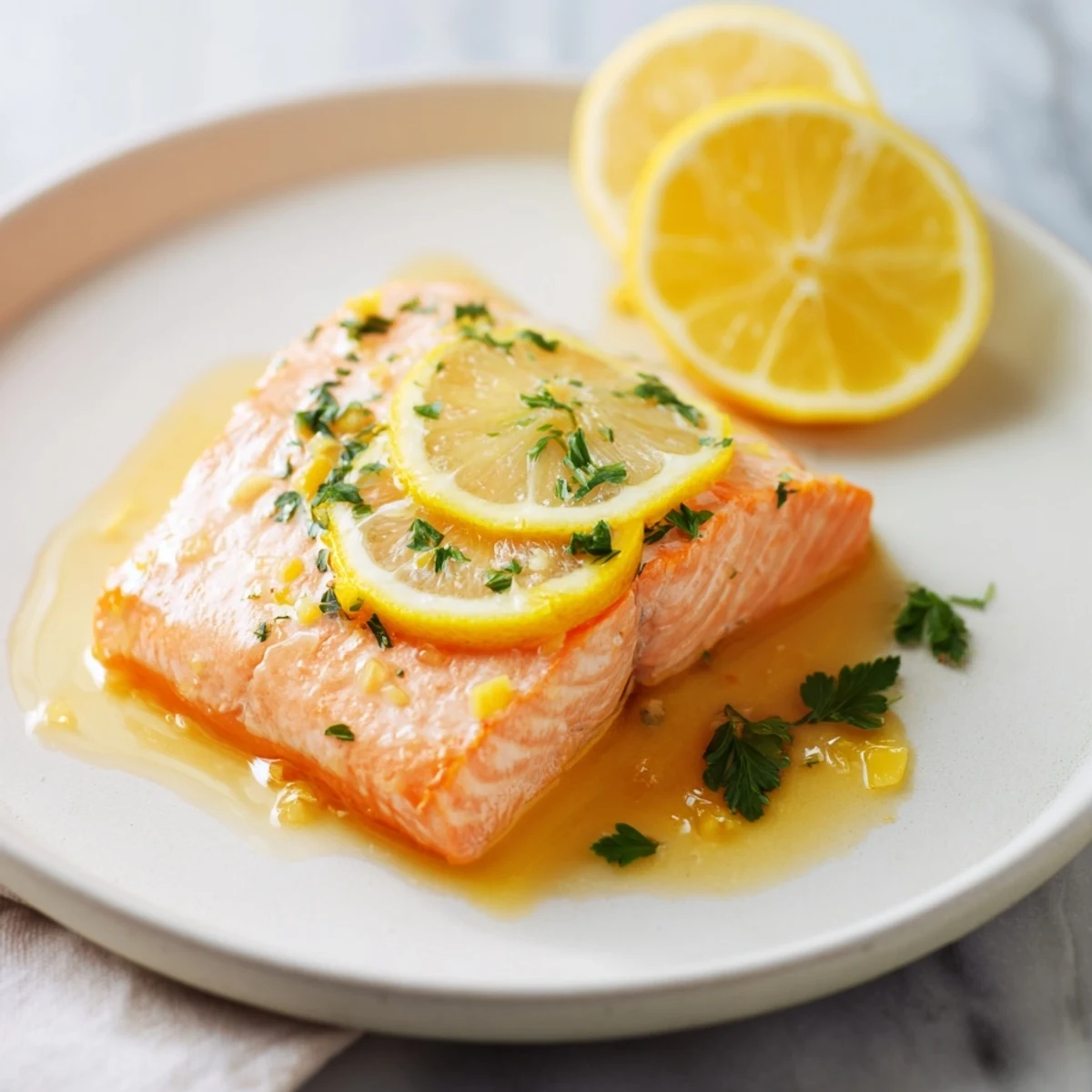 Baked Lemon Garlic Salmon, glistening with lemon marinade, ready to bake in the oven.