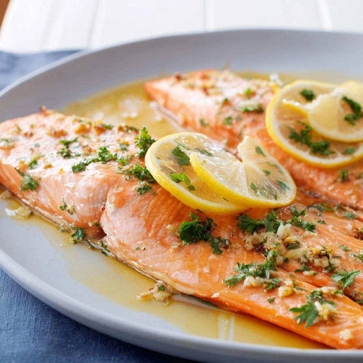 Sizzling Baked Lemon Garlic Salmon, aromatic with garlic and lemon, perfect for a quick dinner.