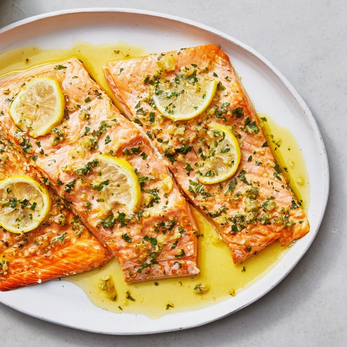 Tender, flaky Baked Lemon Garlic Salmon garnished with parsley, a beautifully plated healthy meal.