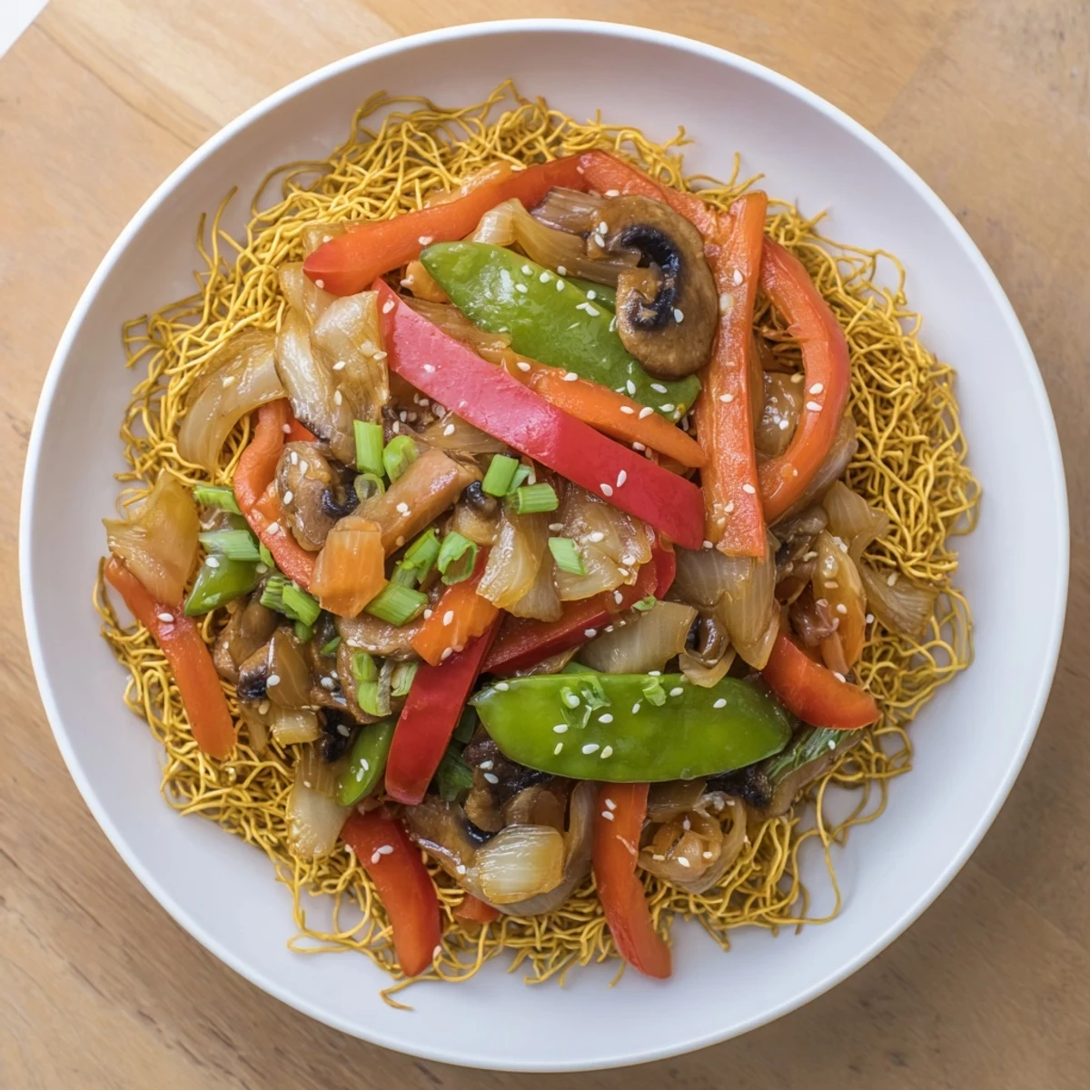 Golden-brown Crispy Noodle dish with a vibrant array of stir-fried vegetables, ready to eat.