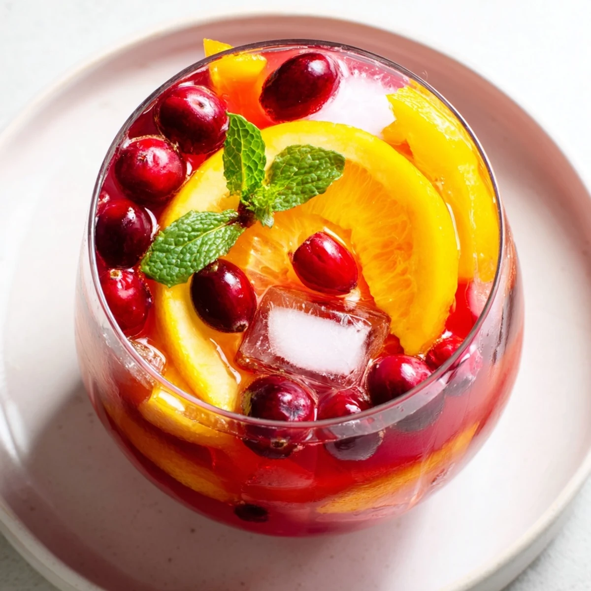 A festive Cranberry Punch, garnished with cranberries and orange slices, ready to refresh.