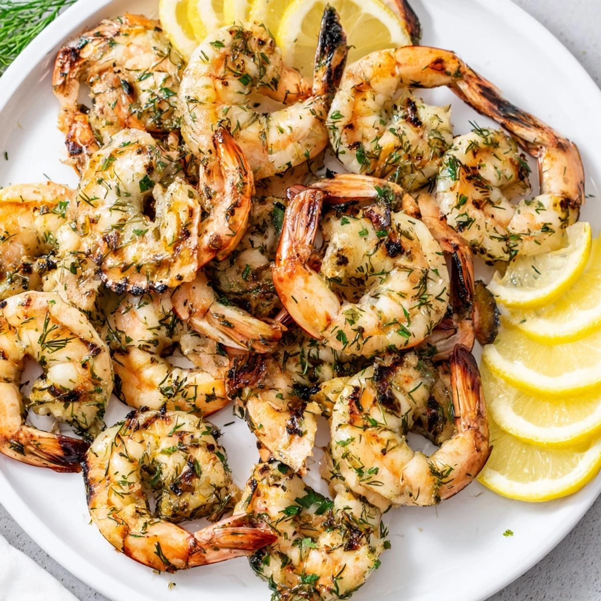 Grilled Lemon Herb Shrimp, showing beautifully charred shrimp ready to serve with lemon wedges alongside.