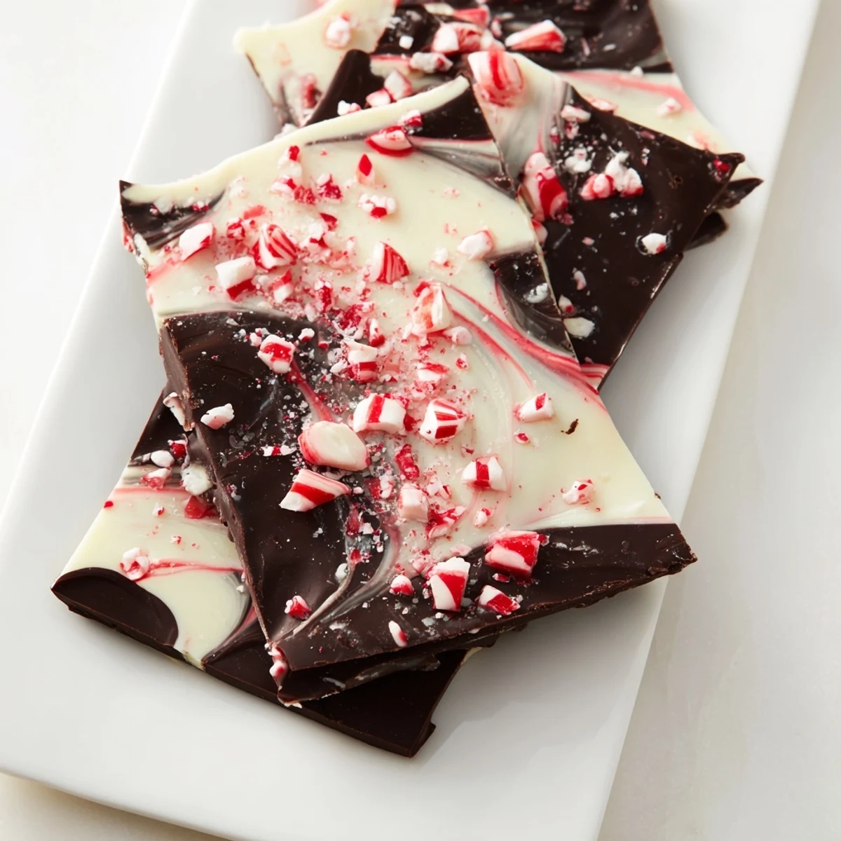 Rich, dark chocolate Peppermint Bark topped with crushed peppermint; a festive dessert ready to enjoy.